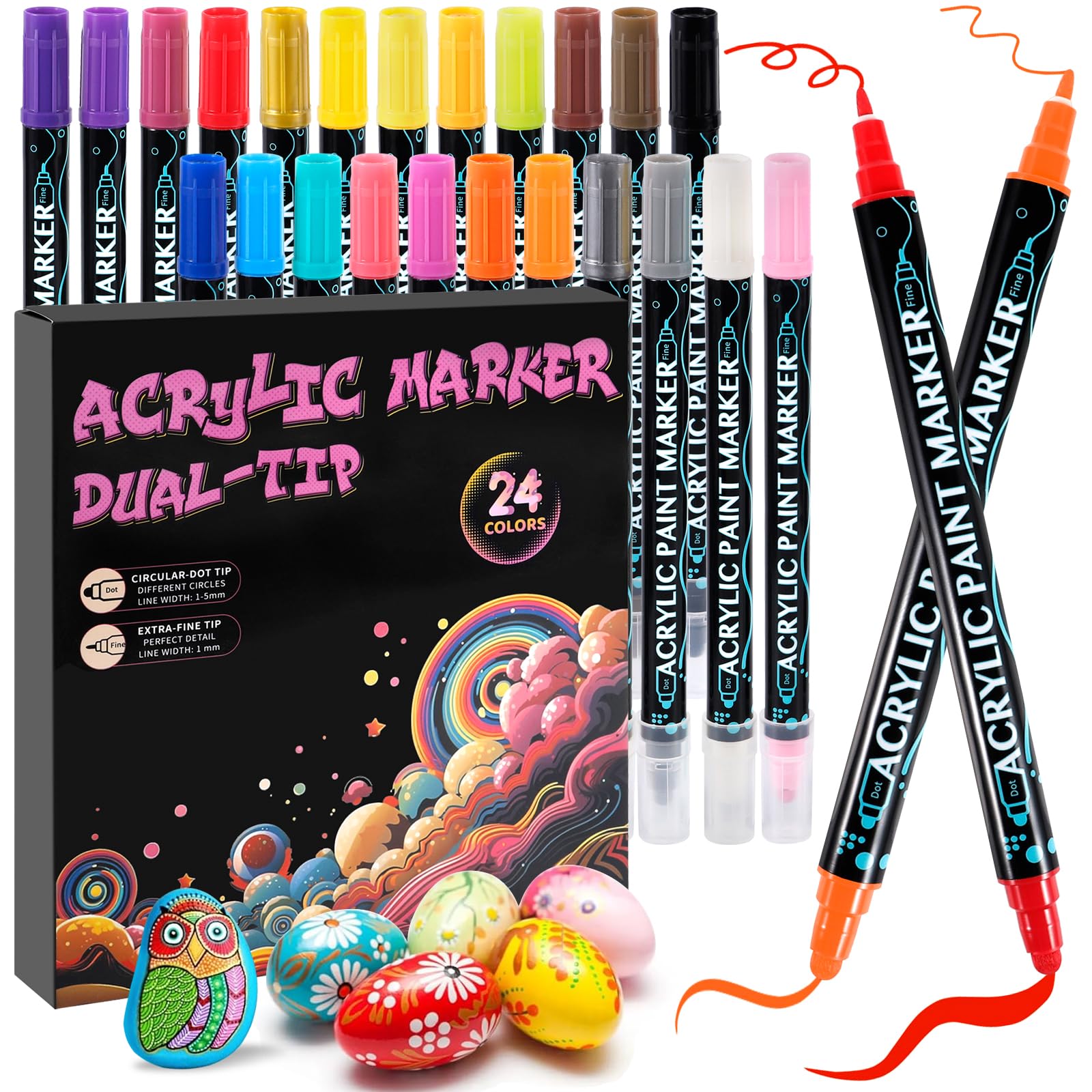 Rotuladores Acrilicos Permanentes, Rotuladores Permanentes, 24 Colors Permanent Acrylic Marker Double Tip with Fine and Brush Acrylic Paint Markers for Painting Stones, Fabric, Ceramics, Glass, Wood