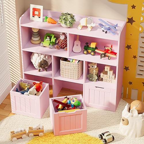 Miniatura 7 de Gizoon Gabinete de almacenamiento de juguetes y estantería para niños con 3 cajones móviles y 6 estantes abiertos con barrera de prevención de
