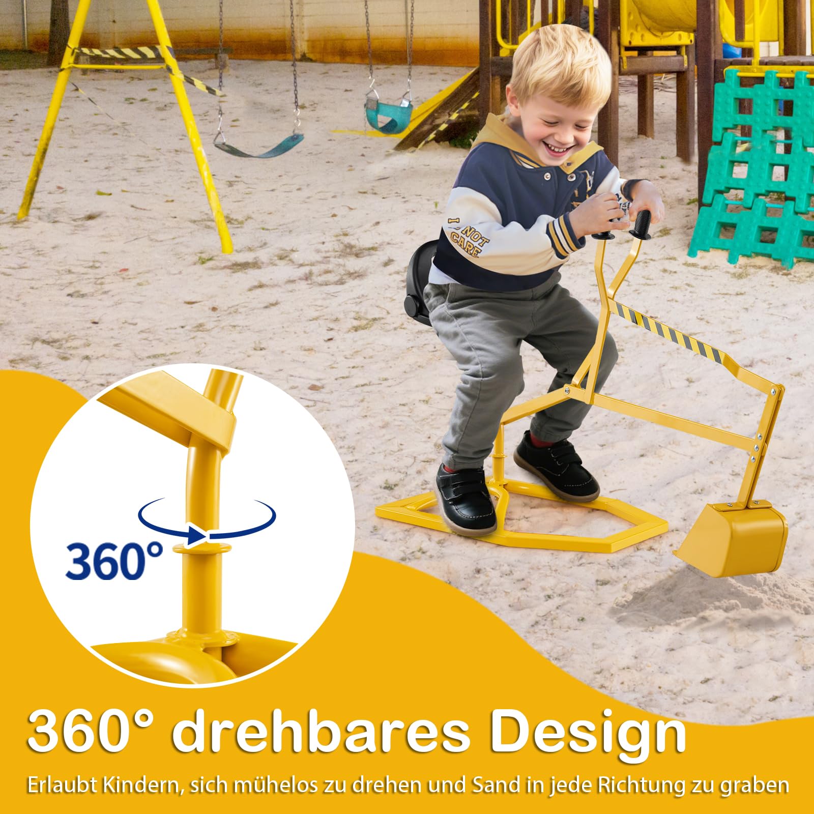 DREAMADE Kinder Bagger für Sandkasten, Metall-Aufsitzbagger mit 360° drehbarem Sitz, Flexibler Schaufel, für Erde, Schnee, Strand, Bagger zum draufsitzen für Kinder ab 3 Jahren (Gelb)