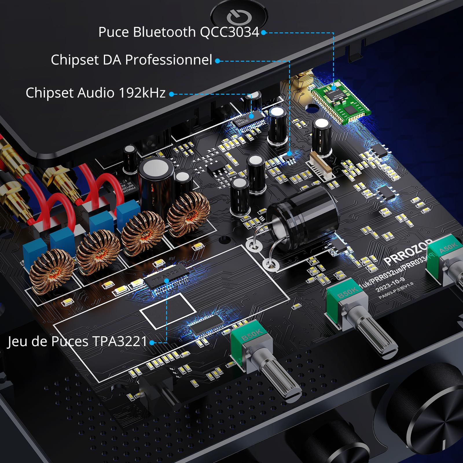 PROZOR Amplificateur Audio 100W+100W Amplificateur DAC AUDIO Puce Qualcomm Bluetooth Qualité Sonore Haute-fidélité Ajustement Sonore Élevé Faible Latence Compatible avec Variété D'appareils