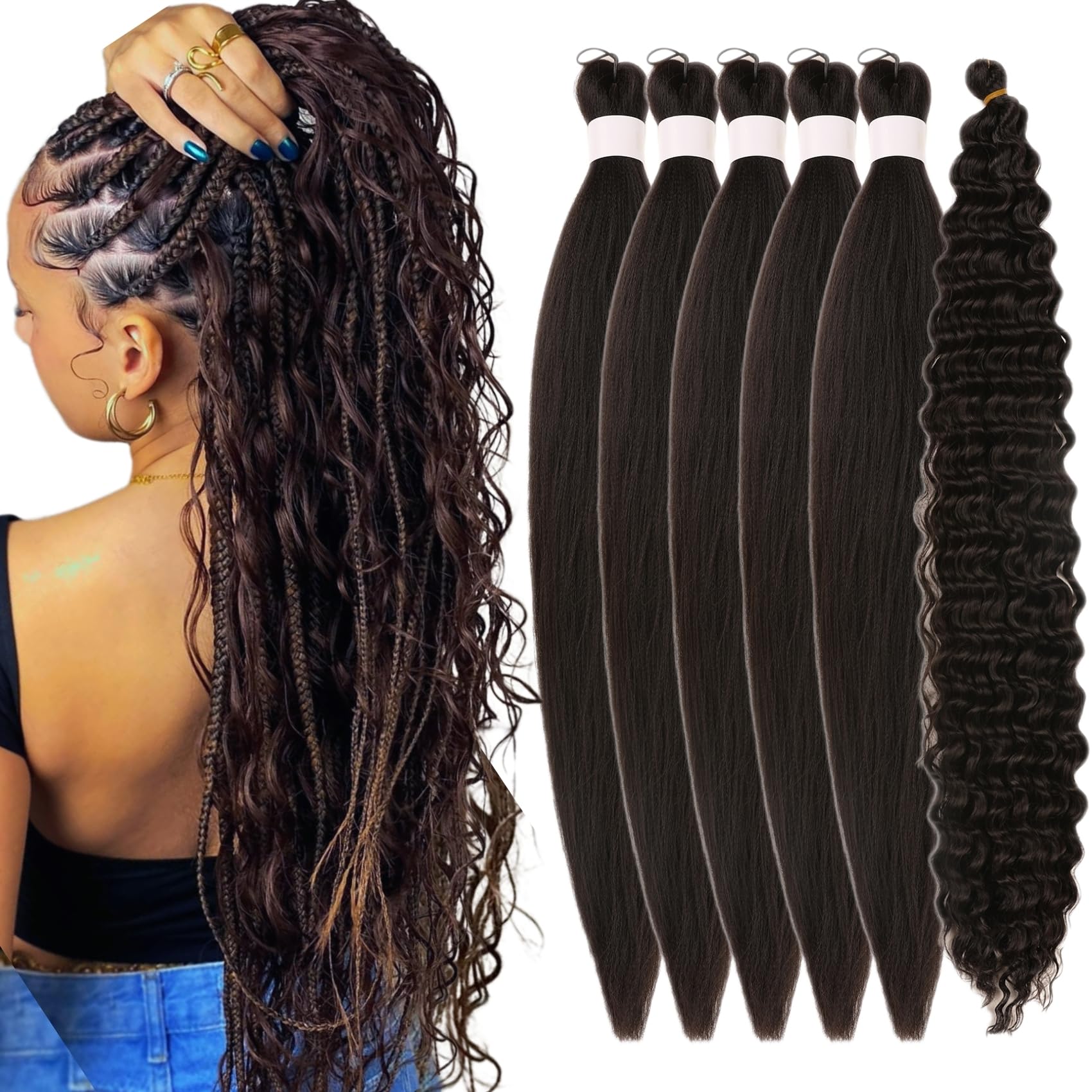 Natural Black Braiding Hair for Boho Braids 2# Knotless Boho Braiding Hair Pre Stretched for Women (6 Packs)