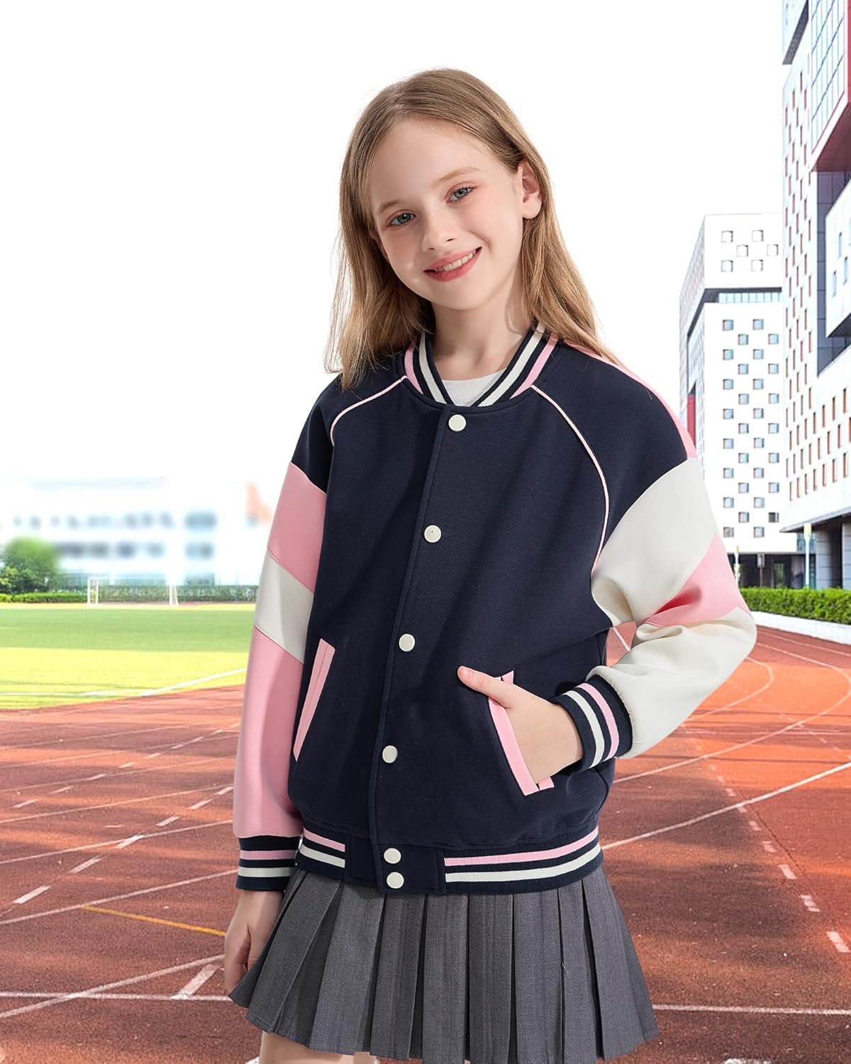 Rolanko Girls Varsity Jackets Baseball Bomber Color Block Letterman Jacket Outwear With Pockets 7-15 Years