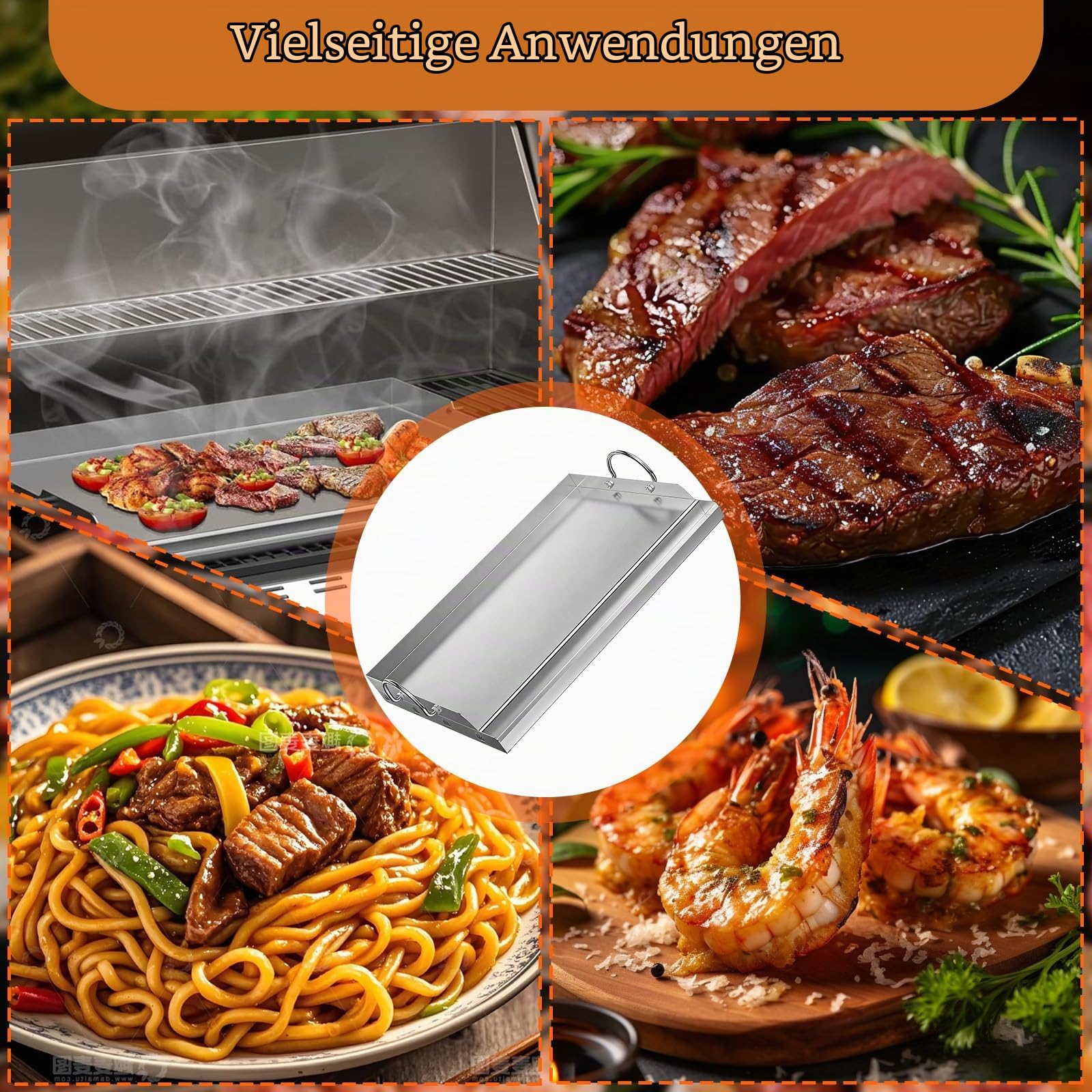 Edelstahl Grillplatte mit Henkel, Schaufeln & Schabern, 58x41x7.5cm Universal Teppanyaki BBQ Plancha Camping Grillbegleiter, Grillzubehör Grill Platte Grillrost für Gasgrill Holzkohleöfen Grillpartys