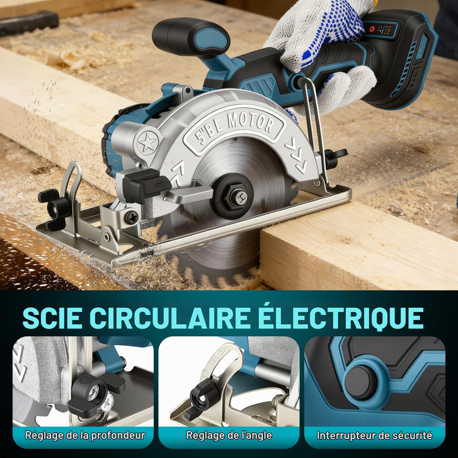 Mini scie circulaire sans fil 7000 tr/min sans balais pour batterie Makita 18 V avec 2 lames de scie (125 mm), scie circulaire manuelle Angle de coupe réglable pour couper le carrelage et le bois