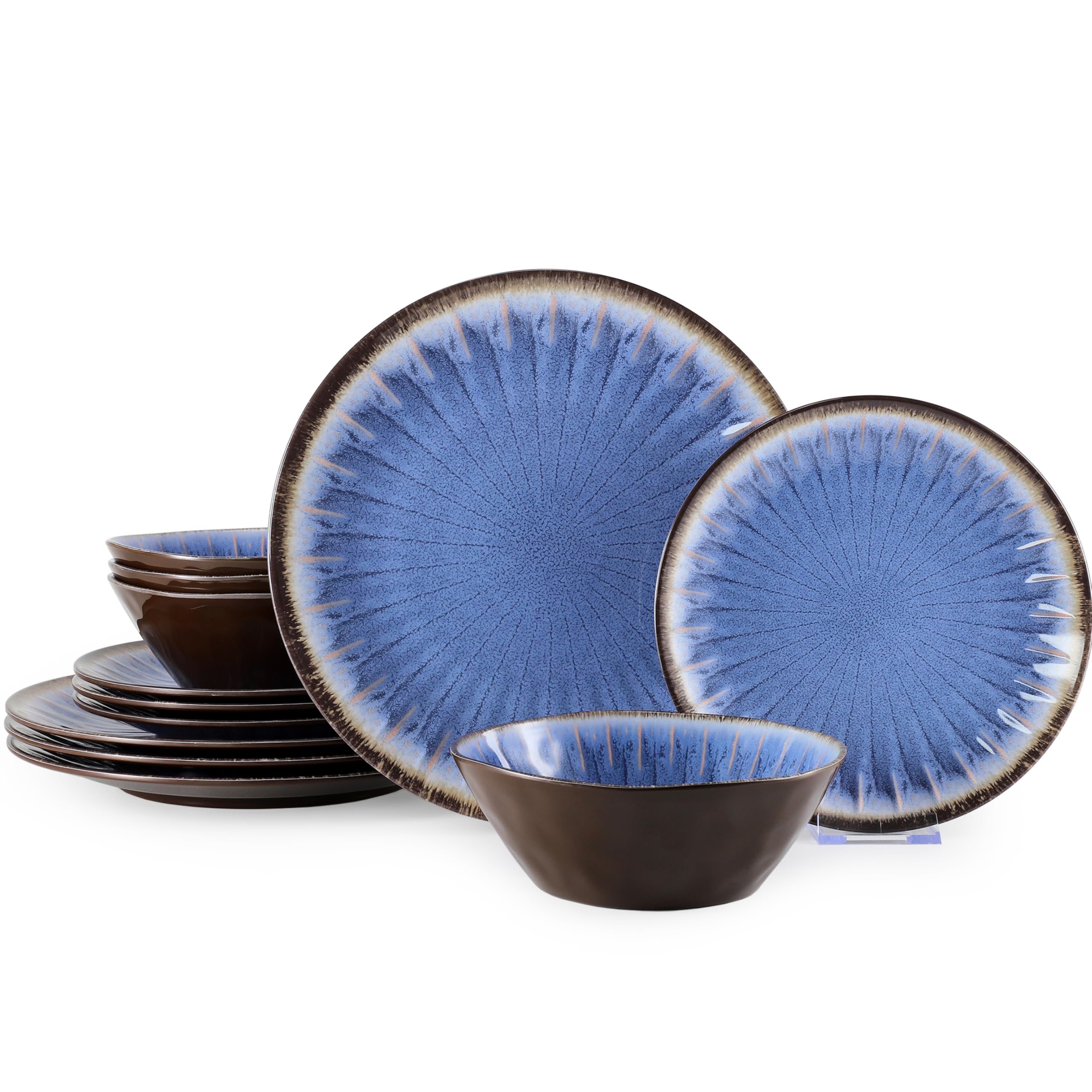 Gufaith Melamine Dinnerware Sets 12 Pcs, Plates and Bowls Sets, Melamine Plates, Outdoor Dishes Sets, Unbreakable Dinnerware, Serving Dishes for Entertaining, Dishwasher Safe, BPA Free (Classic Blue)