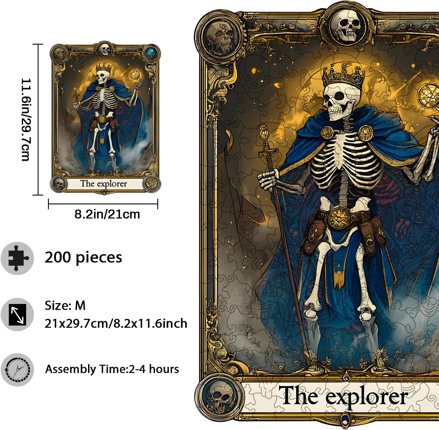 Lycheepuzzles Wooden Puzzles for Adults, Skull Explorer Tarot Wooden Jigsaw Puzzles for Adults, 200 Pieces Unique Shape Cut Wood Puzzles for Puzzle Lovers Creative Gifts for Family Friends