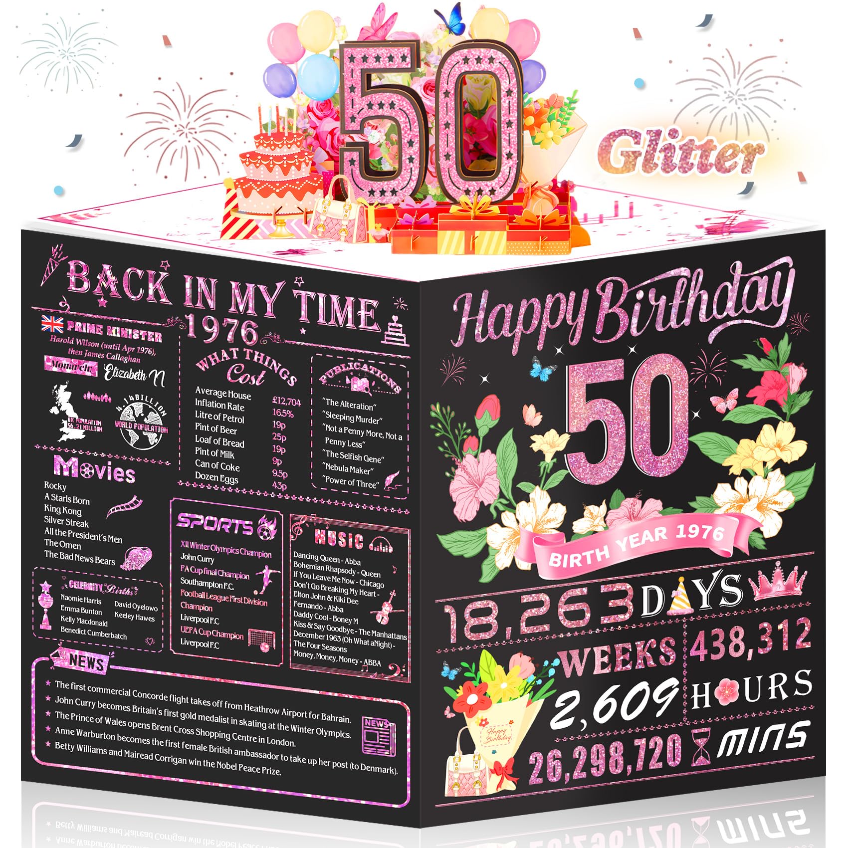 Awrmoo 50th Birthday Cards for Women, 3D Pop Up 50th Birthday Card Gifts for Friend Sister, Back In 1976 Rose Gold Funny 50 Year Old Birthday Decorations Ideas for Wife Aunt Friends Mom Her