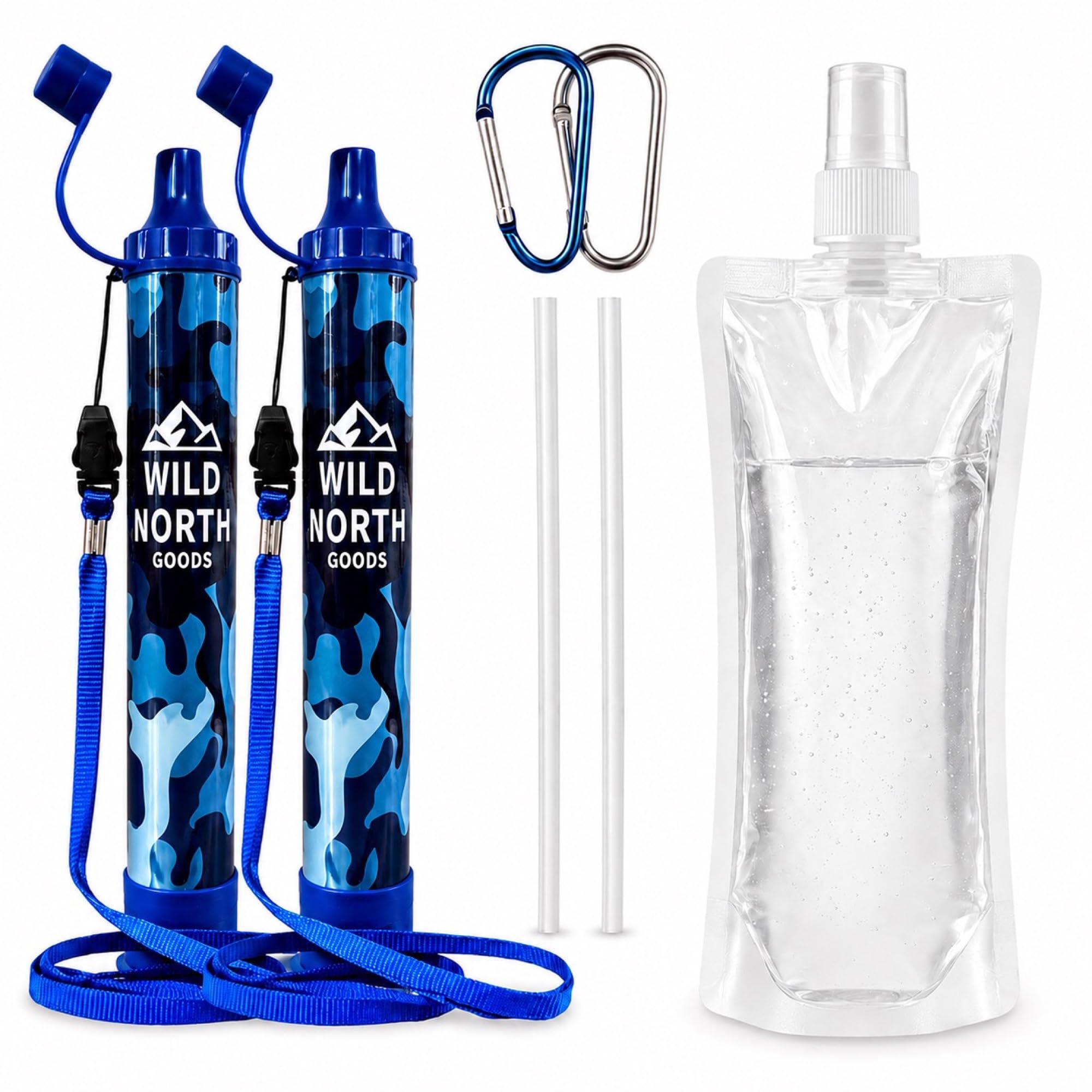 Wild North Goods - 2 Pack Personal Water Filter Straw - Portable Water Purification for Hiking, Camping, Travel, Outdoors & Emergency Use - Includes Bottle, Straw & Carabiners