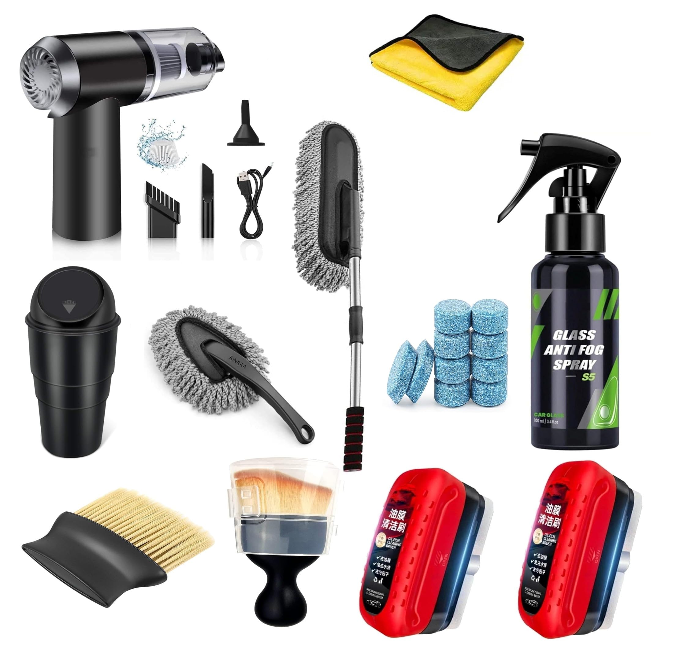 20PCS Complete Car Cleaning Kit with 3-in-1 Handheld Vacuum Cleaner, Microfiber Duster, Detailing Brushes, Car Drying Towel, Anti Fog Spray, Oil Film Remover Brush, Interior & Exterior Auto Care Set-image-6