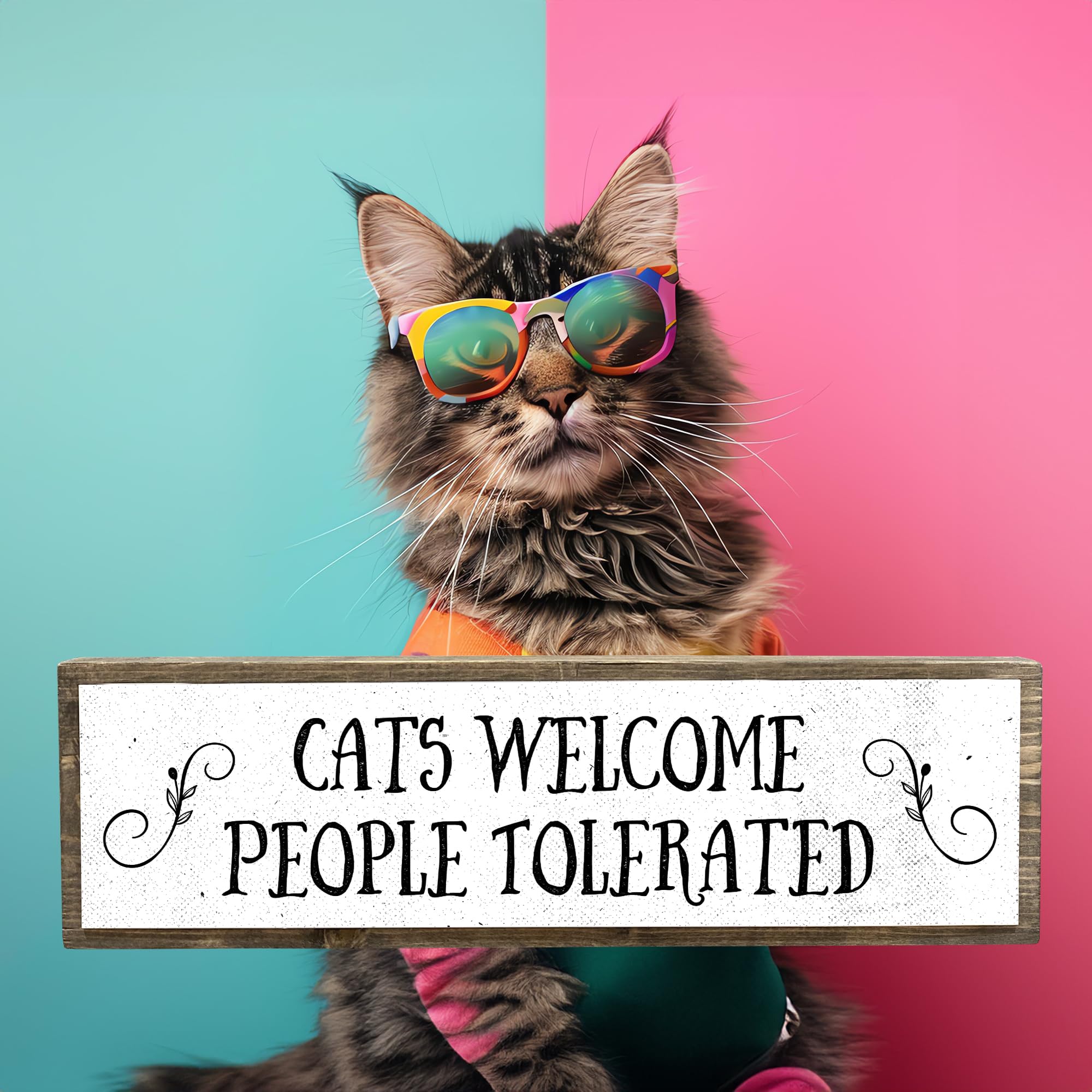 Letrero de madera con metal con texto en inglés "Cats Welcome People Tolerated", regalos geniales para los amantes de los gatos, decoración de gatos, regalo para mujer loca