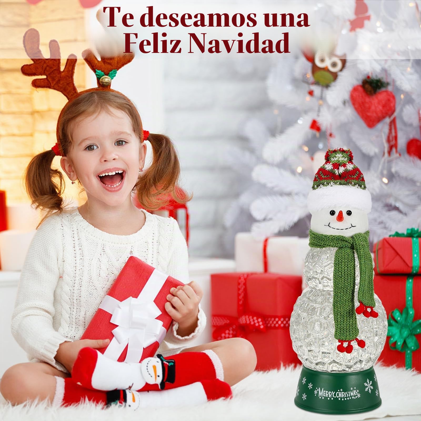 Lewondr Globo de Cristal Nieve Navideño, Hombre de Nieve con Bufanda Verde, Spinning Glow y 8 Canciones, Caja Musical Árbol Navidad, Alimentado por la Batería Lámpara de Navidad