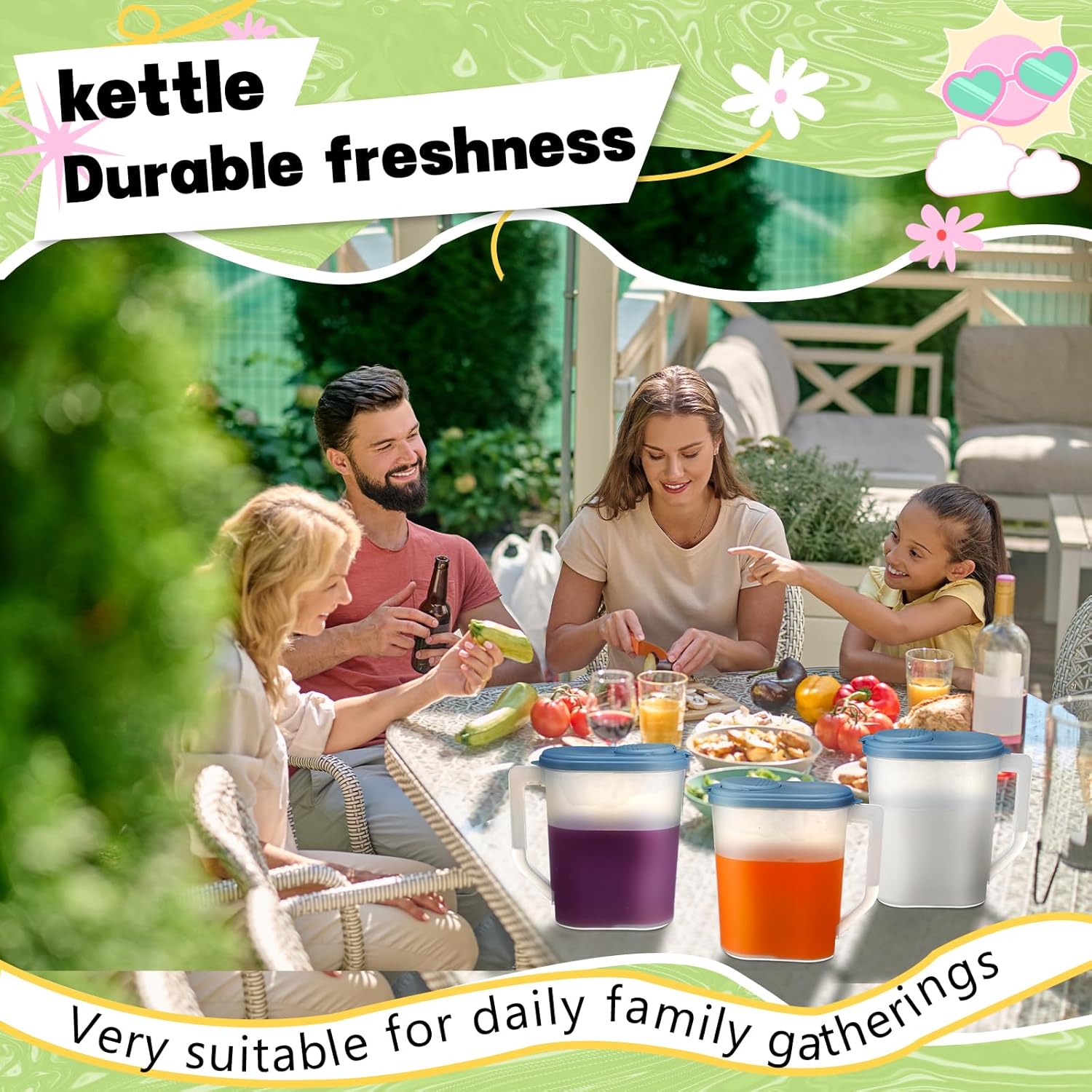 Honeydak 6 Pack 1 Gallon Plastic Pitcher with Lid, Clear Base and Handle, Washed Plastic Pitcher Blue 1 Gallon Jug with Spout Lids for Tea, Water, Milk, Juice, and Coffee