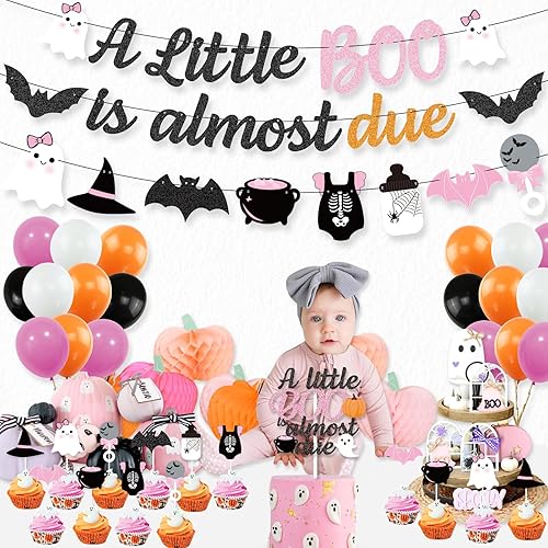 Miniatura 4 de K KUMEED Decoraciones de Halloween rosa y naranja para baby shower, pancarta con texto en inglés "A Little Boo is Almost Due Banner,Cute Ghost Baby
