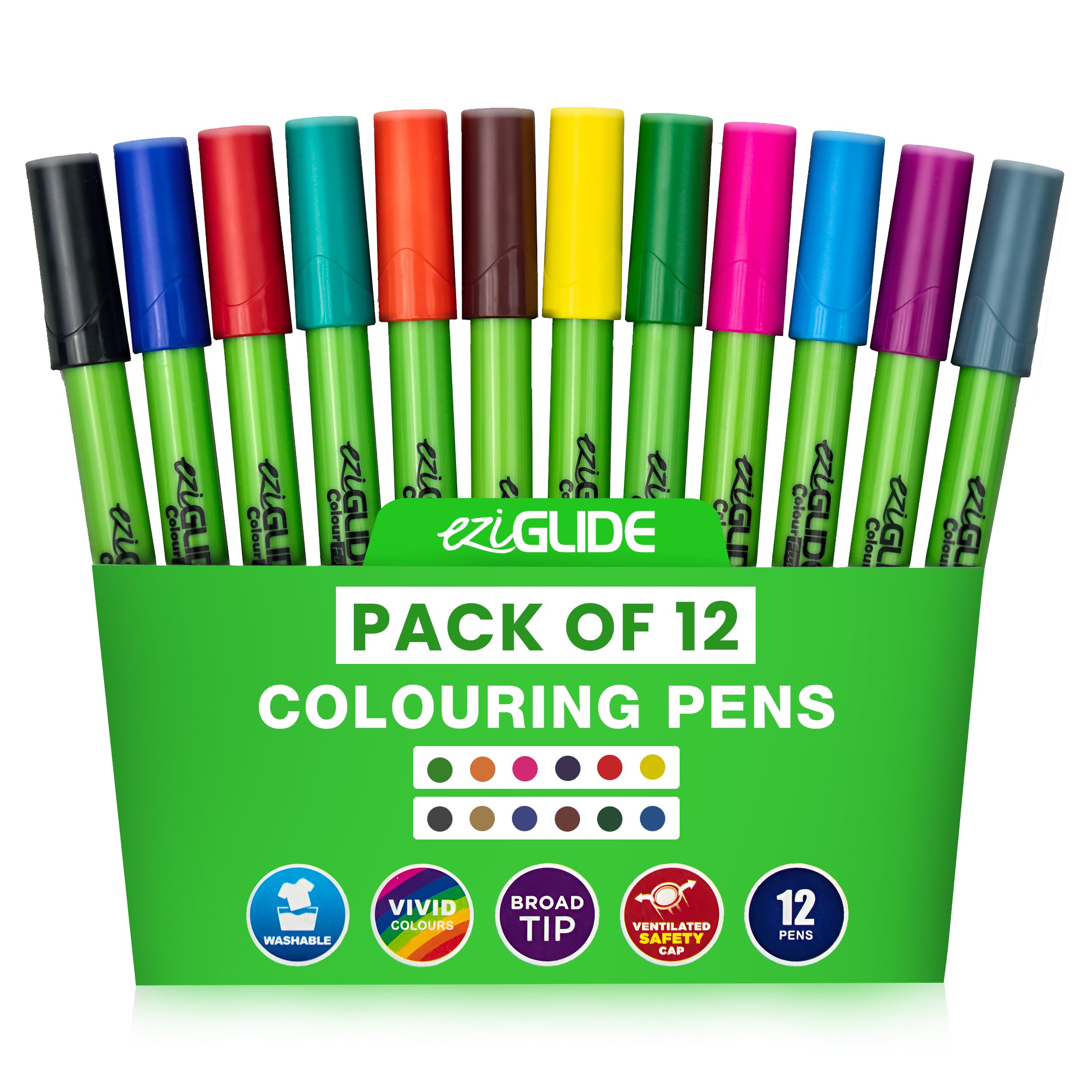 Eziglide Colouring Pens 12 Pack Broad Felt Tips, Assorted Colouring Pens, Smooth Fibre Nib, Bright Colours for Paper, Card, Adult colouring books, Art & Crafts, School, Work & Home Stationery Supplies