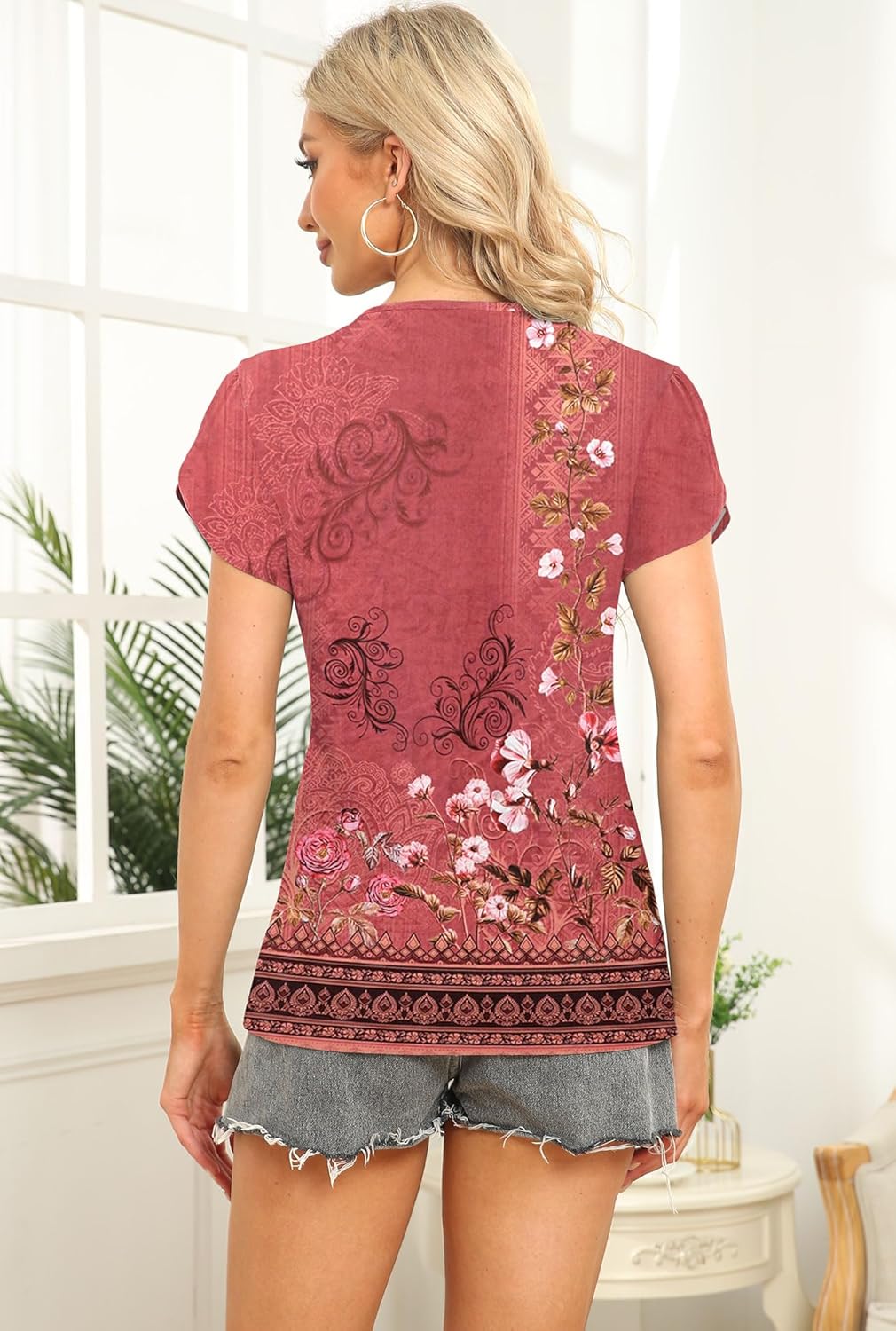 Womens Petal Sleeve Tops Summer Trendy T Shirt Casual Loose Square Neck Button Blouse Tees - Image 5