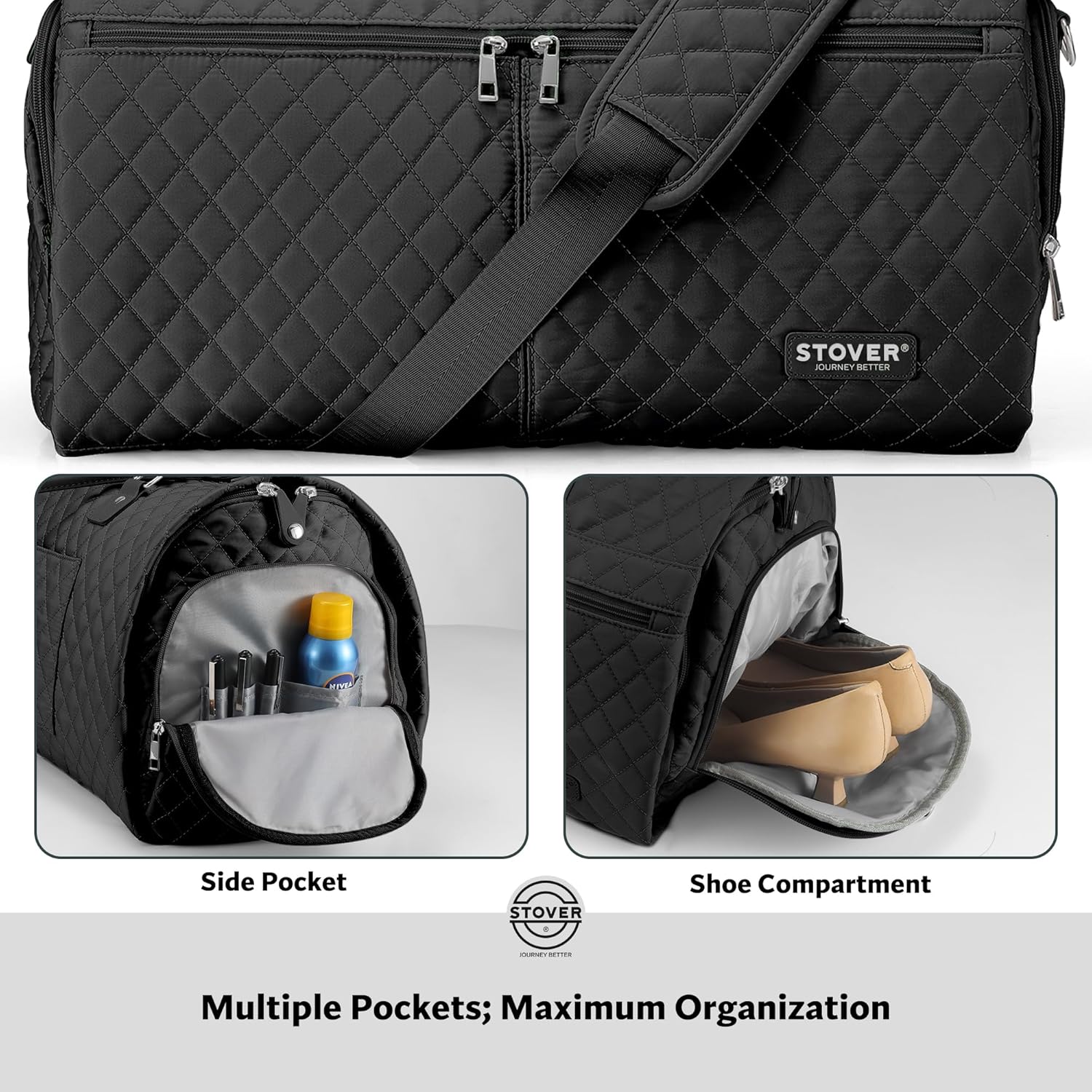 STOVER Women’s Convertible Garment Duffel Bag for Travel – 2-in-1 Carry-On Weekender/Overnight Tote - Wrinkle-Free Dresses, Hanging Suits & Clothes Plus Shoe Compartment & Bonus Toiletry Bag (Black) - Image 5