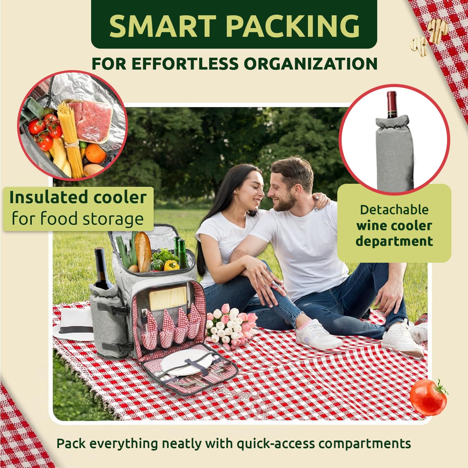 Nature Gear Zaino da picnic per 4, set da picnic isolato con stoviglie, refrigeratore per vino, coperta e servizio di posate, borsa impermeabile per esterni, per spiaggia, campeggio, viaggi e parco