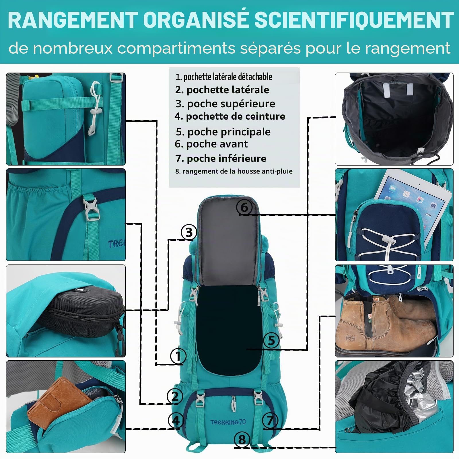 Bseash Sac à dos imperméable de 70 L (65 + 5) avec housse de pluie, sac à dos de randonnée pour sports de plein air, voyage, escalade, randonnée