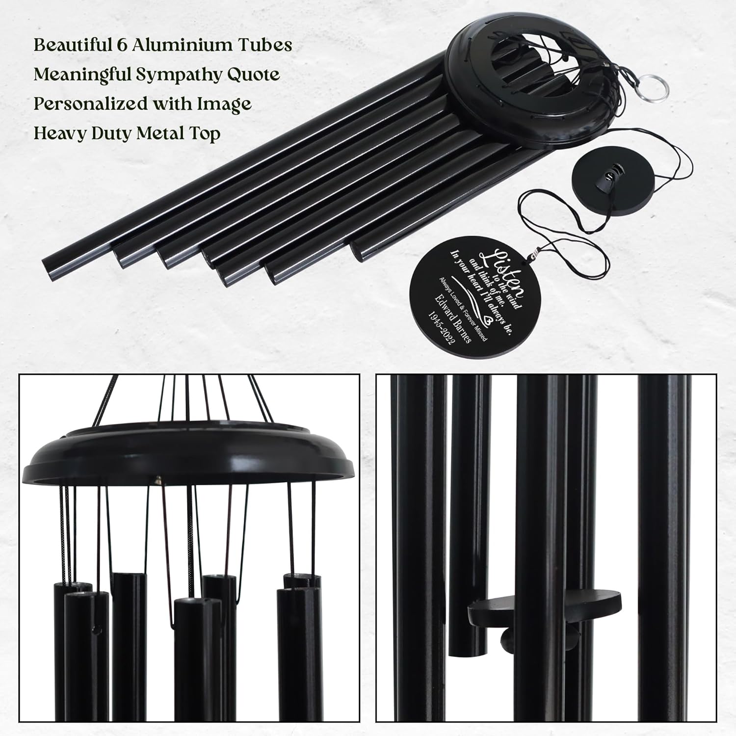 PORTHO 35-Inch Personalized Photo Memorial Wind Chime – Black – Sympathy, Remembrance & Bereavement Gift – Customized Memory Windchime for Loss of Loved One