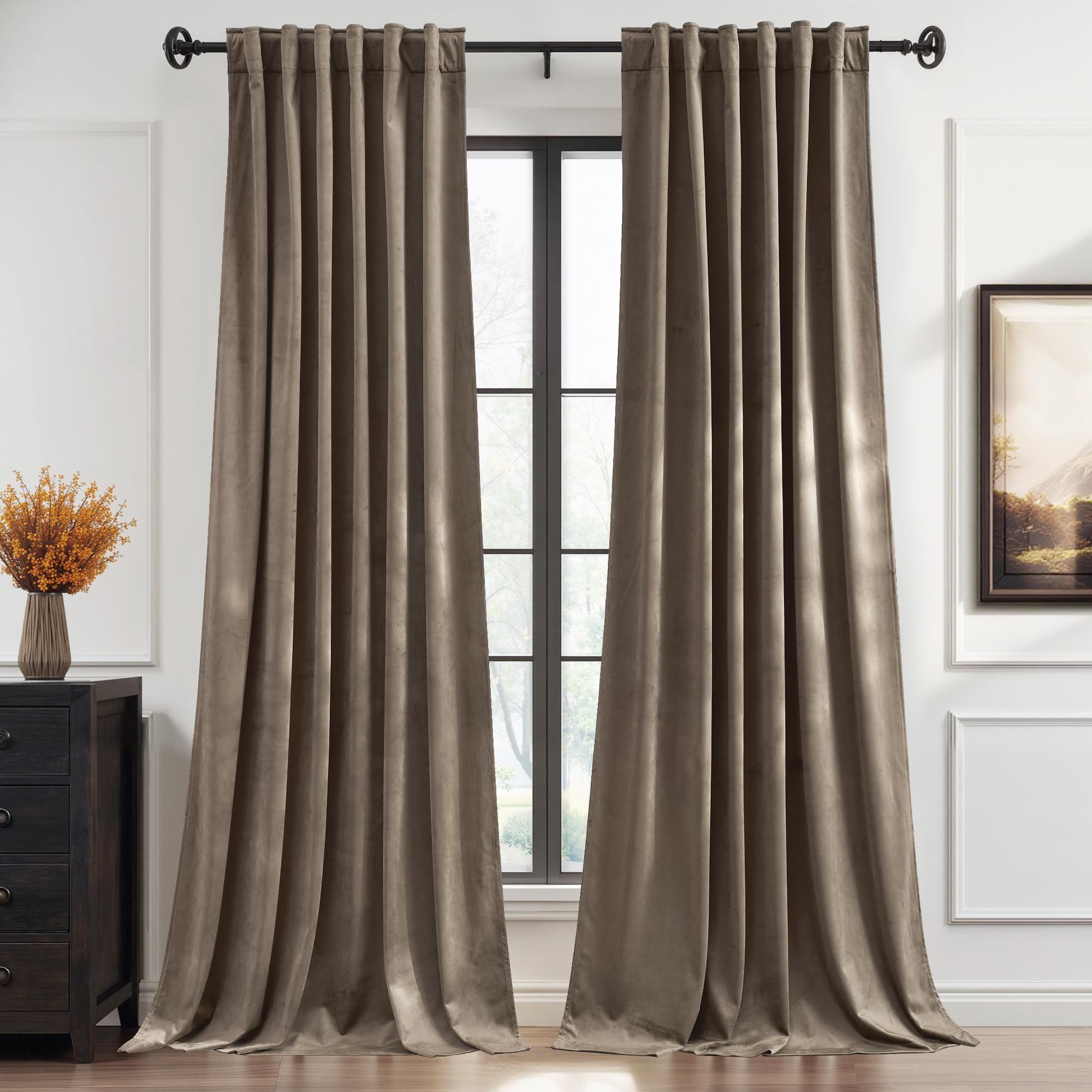 StangH Taupe Curtains 90 inches Long for Living Room with Back Tab & Hook Belt, Super Soft Thick Velvet Window Drapes for Bedroom/Office/Hotel, W52 x