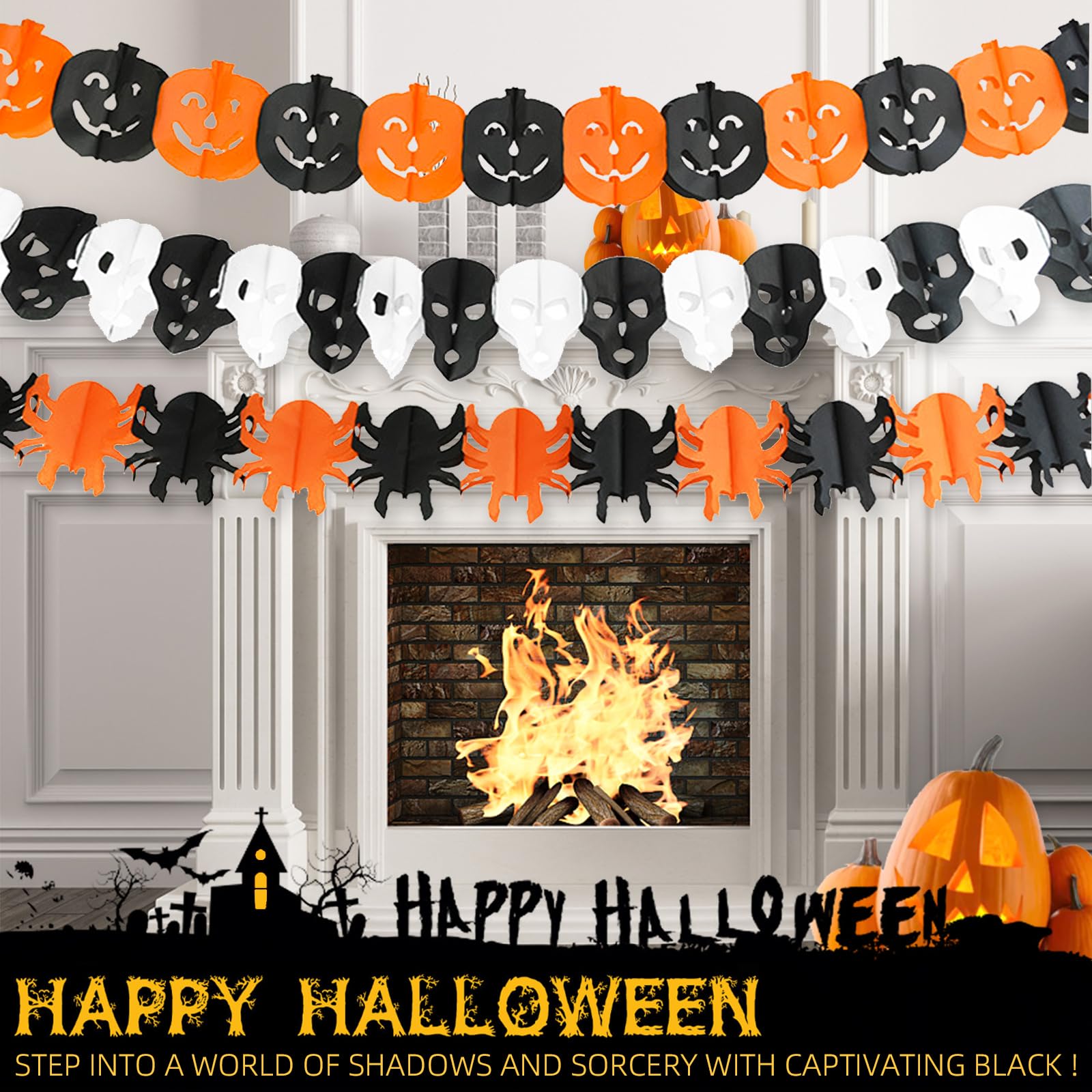 Ghirlande Di Carta Per Halloween (4 Pezzi) - Motivi Zucca, Ragno, Teschio E Fantasma - 3