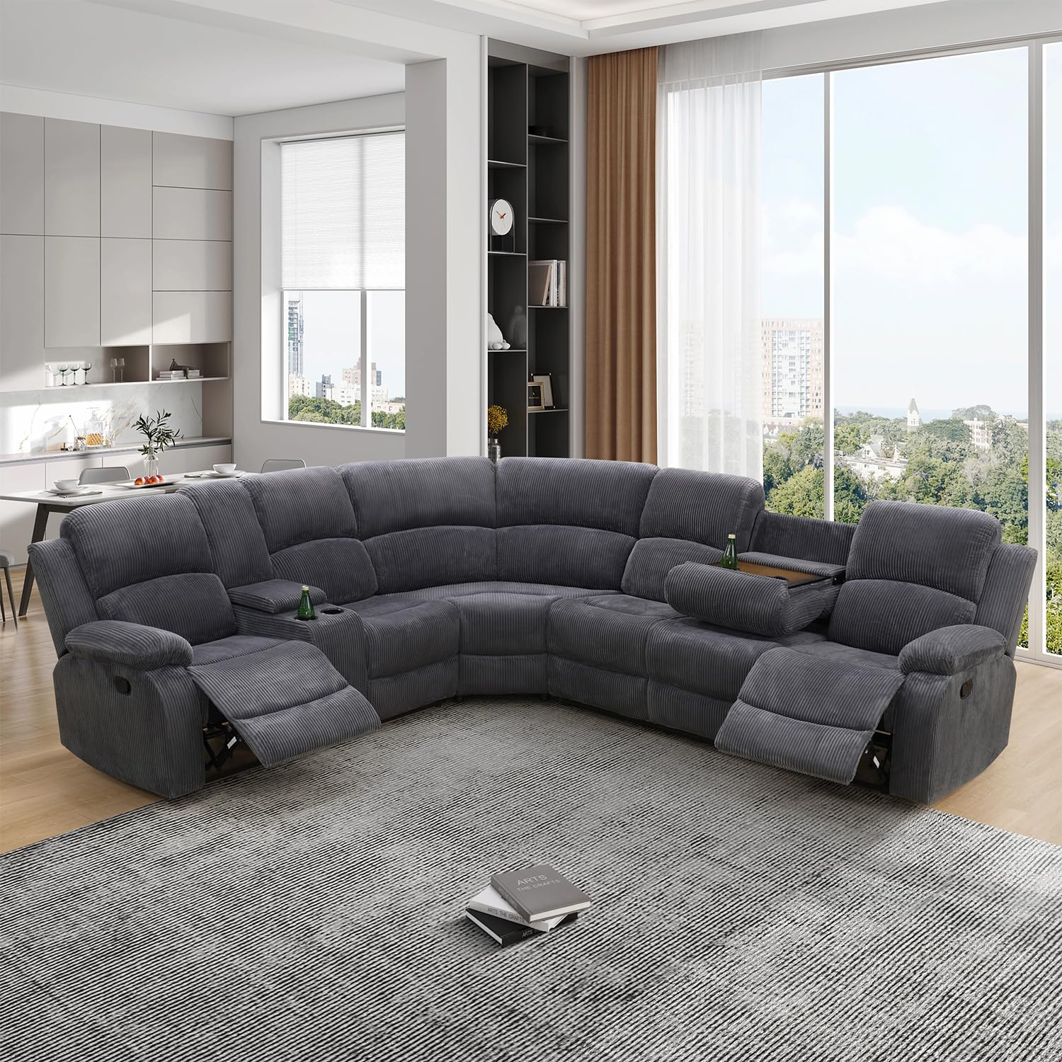 Manual Recliner Sectional Sofa for Living Room,L Shaped Reclining Sectional Corner Couch,Gray Corduroy Recliner Sofa Set with Storage Console/Drop Down Coffee Table/Cup Holders
