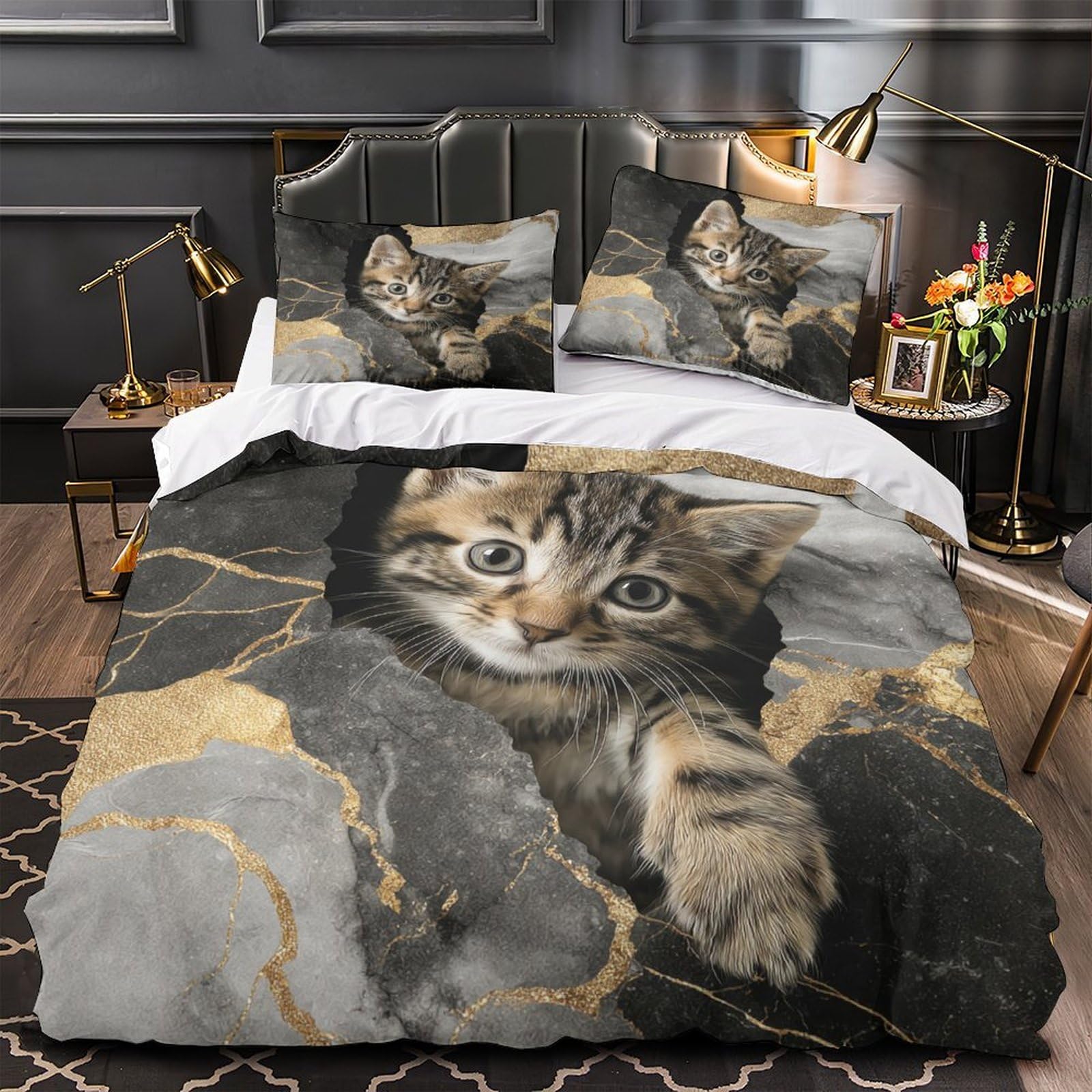 Housse de couette chaton anti-plis parure de lit 140x200 microfibre respirante enfant