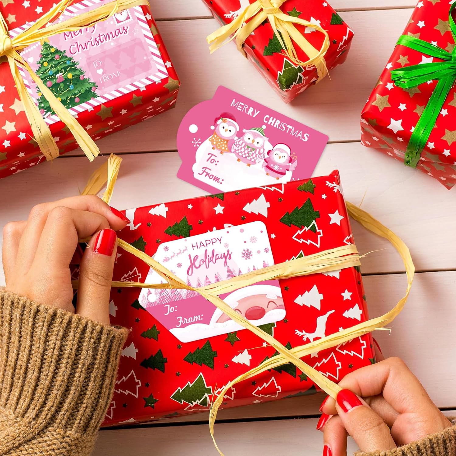 108 Pieces Pink Christmas Gift Tags Stickers,Cute Pink Style Holiday Self Adhesive Labels Paper,Xmas Name Tags Decals for Gift Boxes Wrapping Present Cards Xmas Party Favors Decorations - Image 3