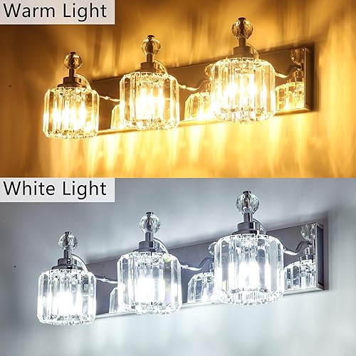 Miniatura 8 de Modernas luces de cristal para tocador de baño, 3 luces de baño sobre espejo, 42 piezas de lámina de cristal, luces cromadas para tocador de baño