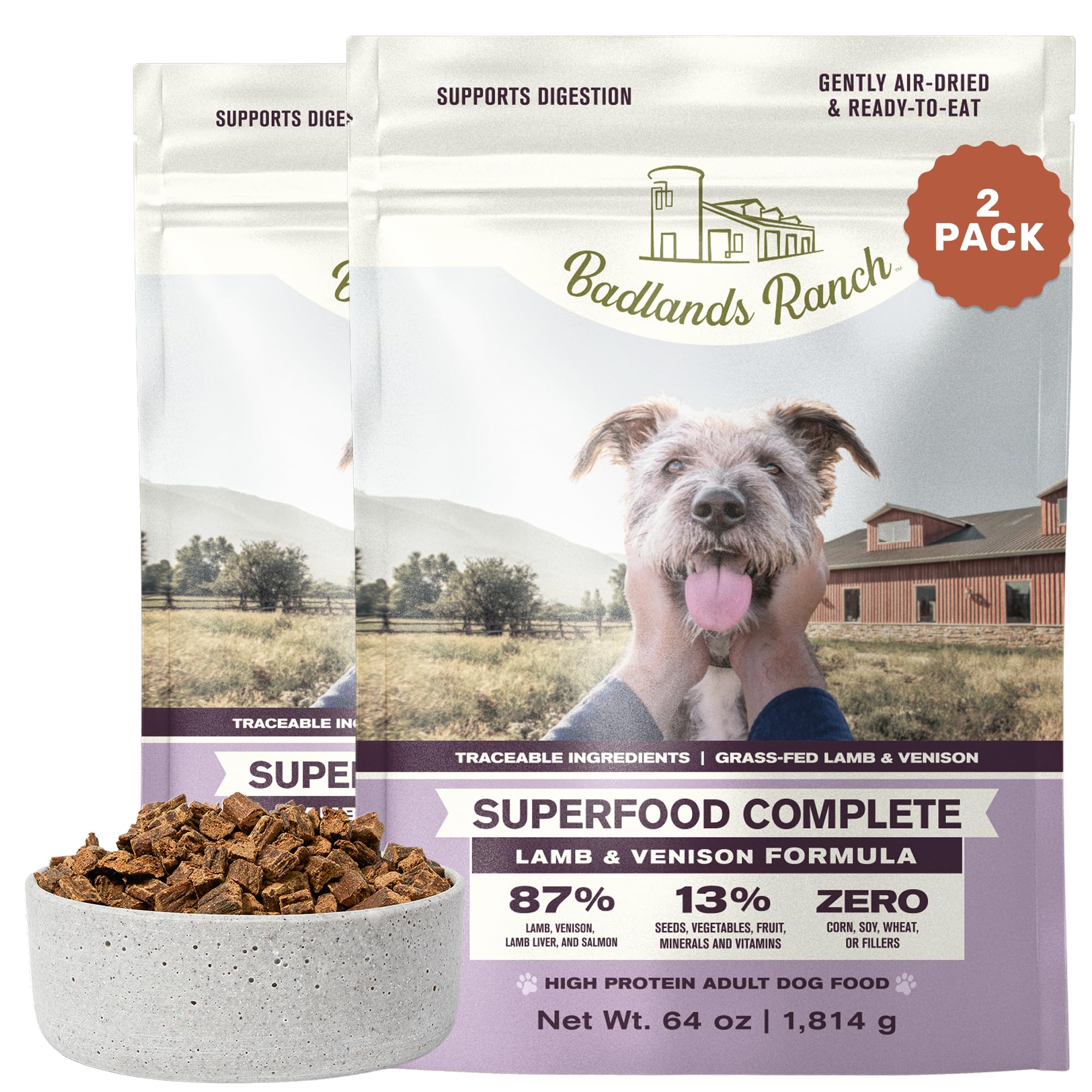 BADLANDS RANCH Air-Dried Lamb &amp; Venison Dog Food, 87% Meat, 64 oz, 2-Pack