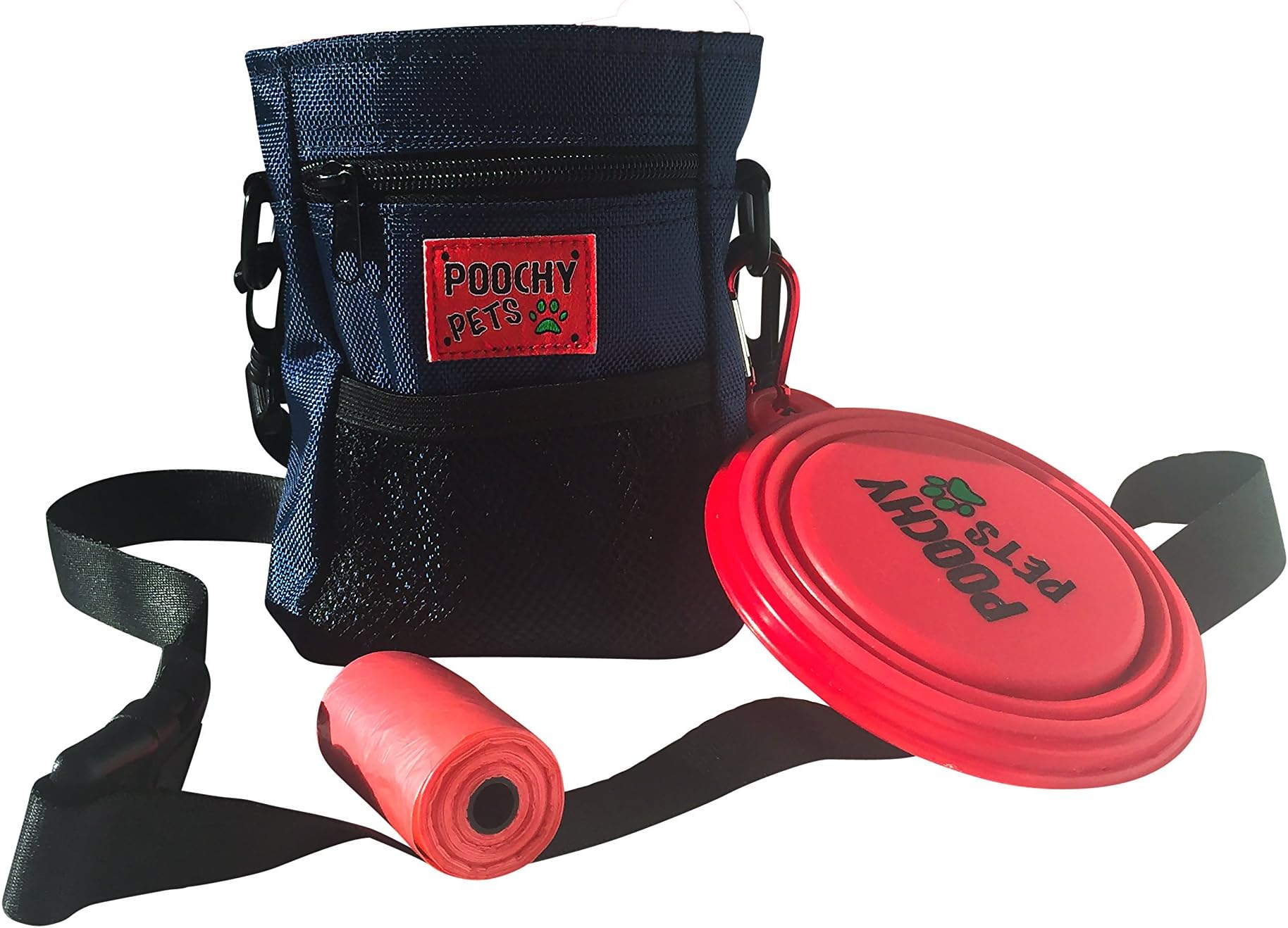 Dog Treat Bag with Poop Bag Holder & Collapsible Travel Food Water Pet Bowl - FREE POOP BAGS - Puppy Training Walking Pouch with Built-In Poo Waste Bags Dispenser - Adjustable Belt