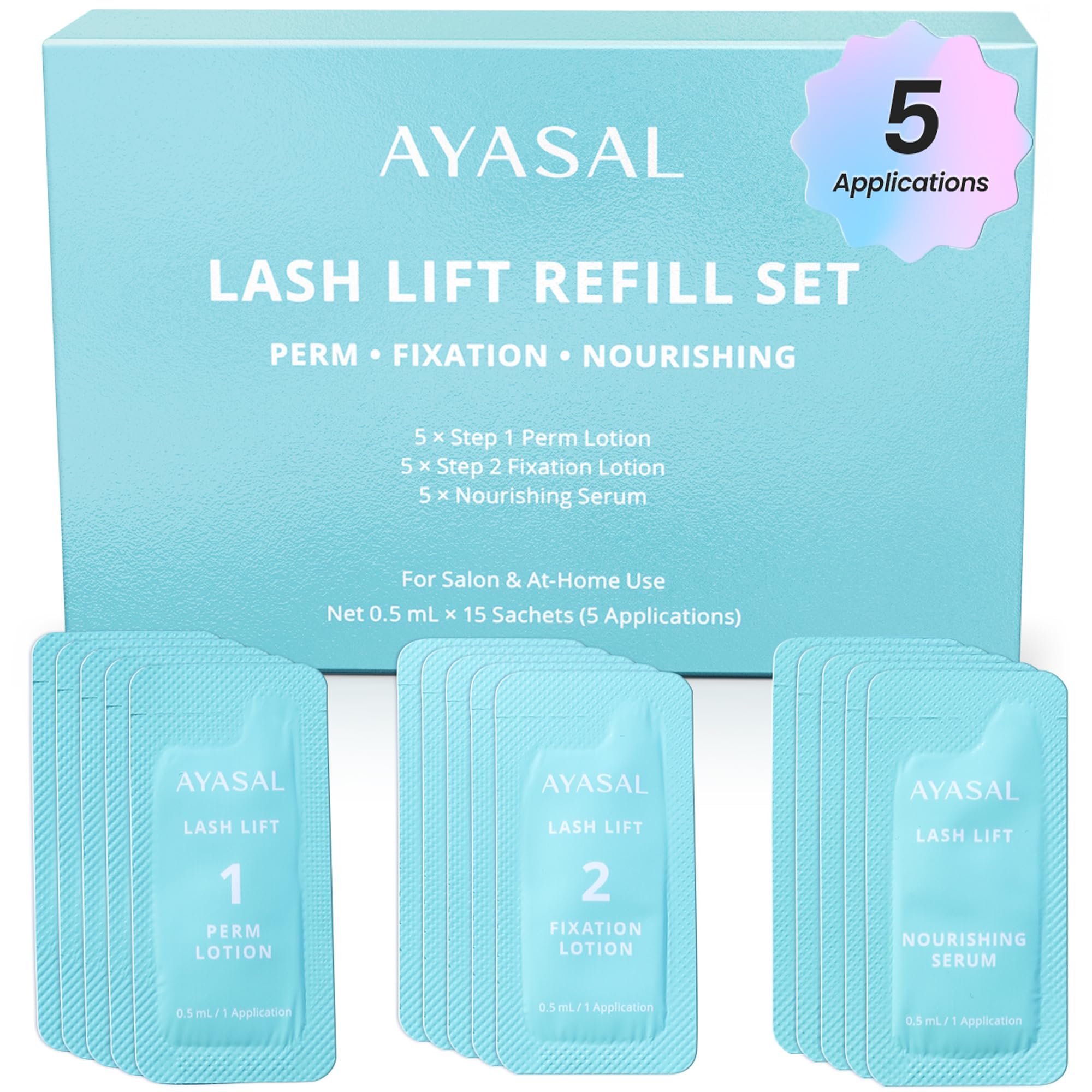 AYASAL Lash Lift Kit Refills: Step 1+2+Nourishing Serum Refill Set, Korean Thio-Free Lash Perm - Professional Long Lasting Results up to 6-8 Weeks - Eyelash Curling Set at Home - 5 Applications Cyan