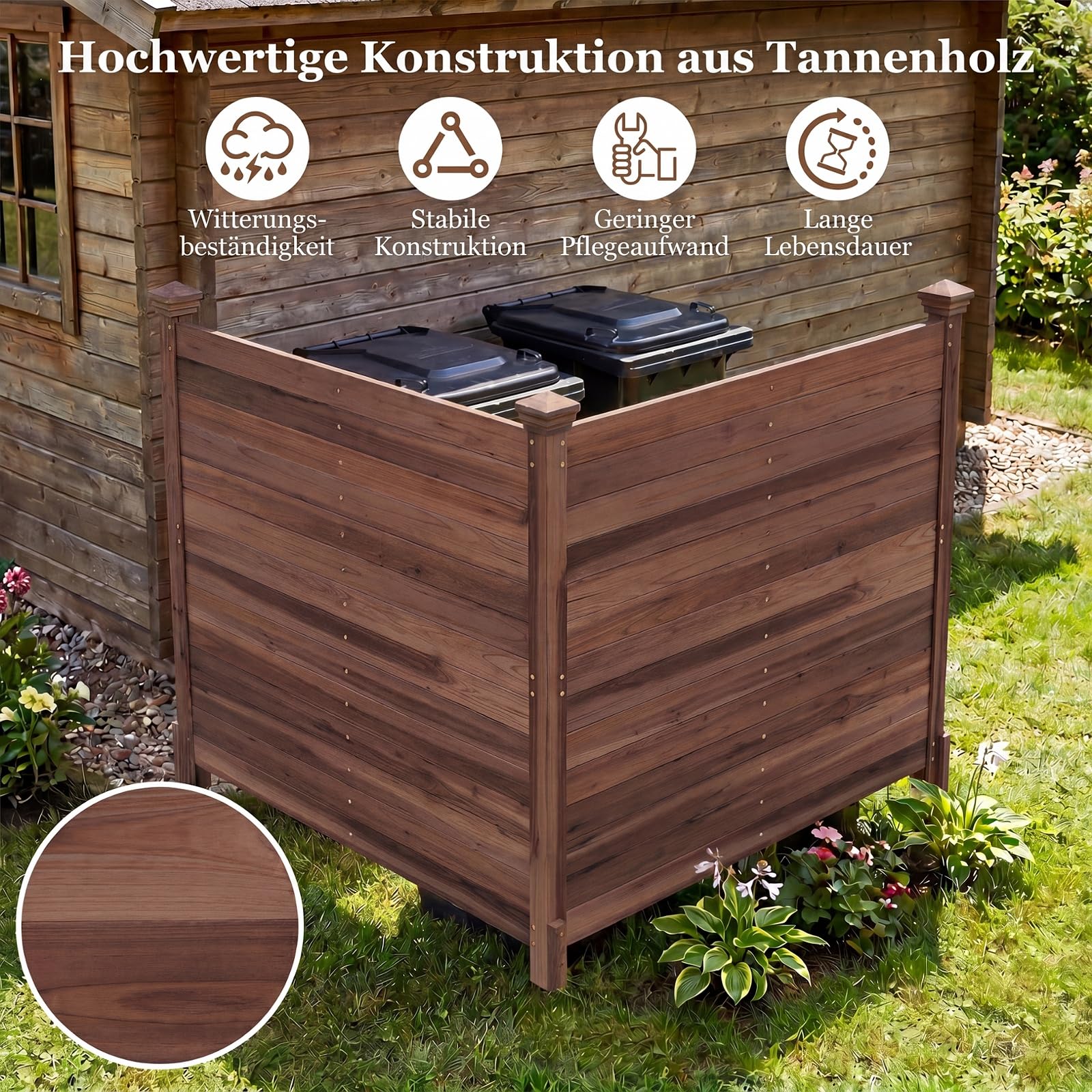 COSTWAY Gartenzaun 2-teilig, 119 x 119 cm, Tannenholz, Zaun mit 3 Pfosten, dekorativer Sichtschutzzaun, Holzzaun für Klimaanlagen Mülltonnen, freistehender Steckzaun für Garten Outdoor (Braun)