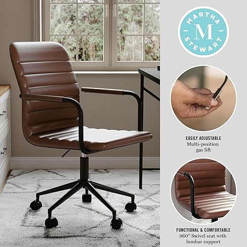 Miniatura 9 de Martha Stewart Taytum Silla de escritorio giratoria de piel sintética con respaldo medio con asiento y reposabrazos acolchados, silla de oficina de