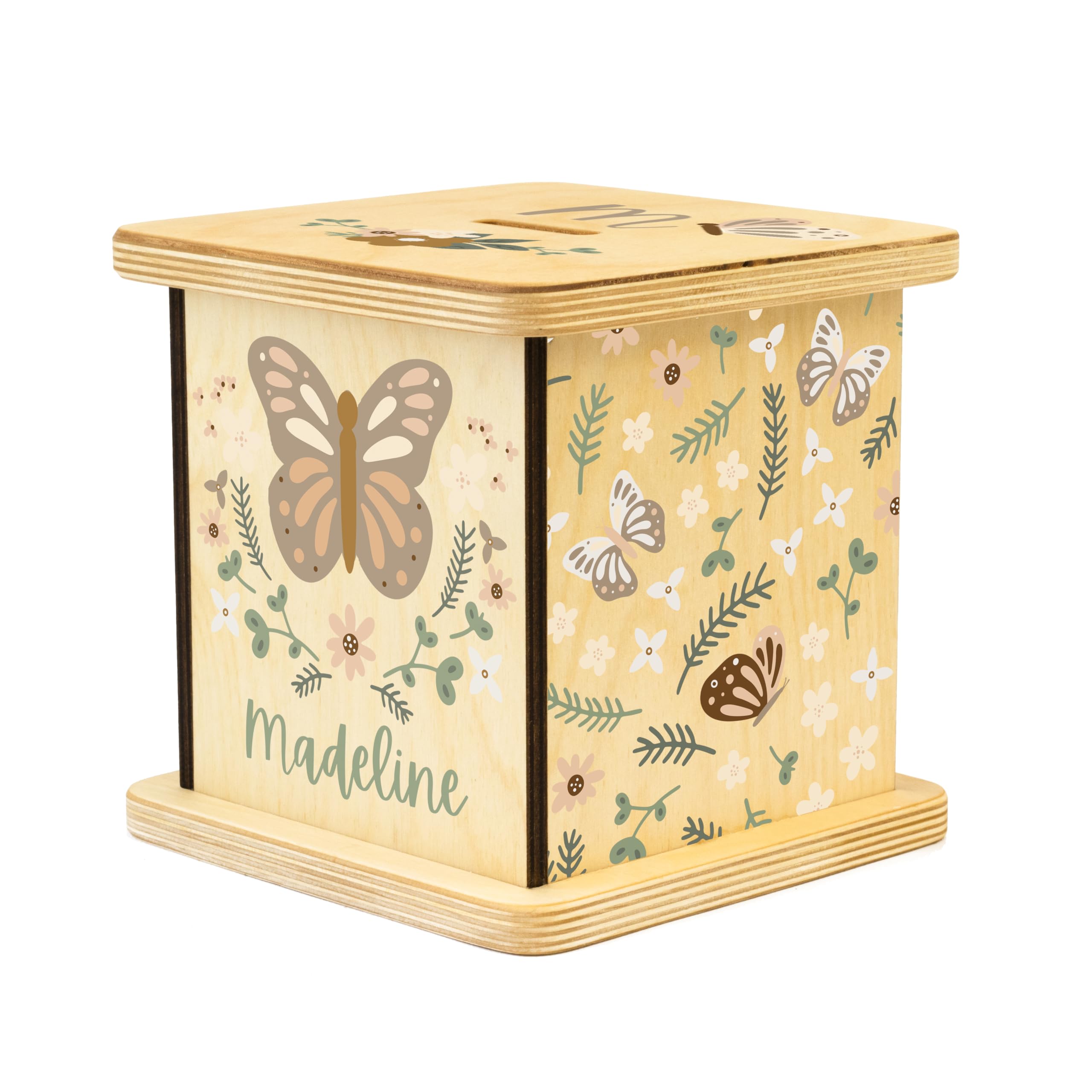 Personalized Wooden Piggy Bank for Kids and Adults, Gifts Handmade in USA by BloomOwl, Custom Coin Bank, Personalized Banks for Kids, Gifts for Baby Boys and Girls (Butterfly)