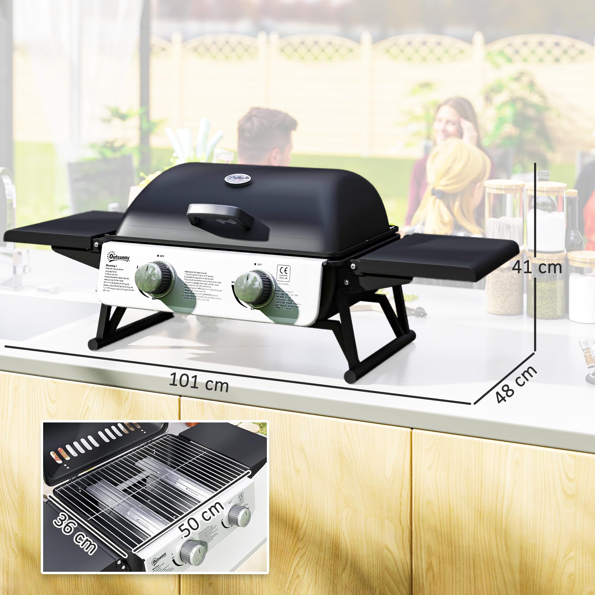 Outsunny Barbacoa de Gas con 2 Quemadores de Acero Inoxidable 5,6 KW Barbacoa Portátil con Mesas Laterales Plegables Bandeja Extraíble y Termómetro para Pícnic Camping 101x48x41 cm Negro