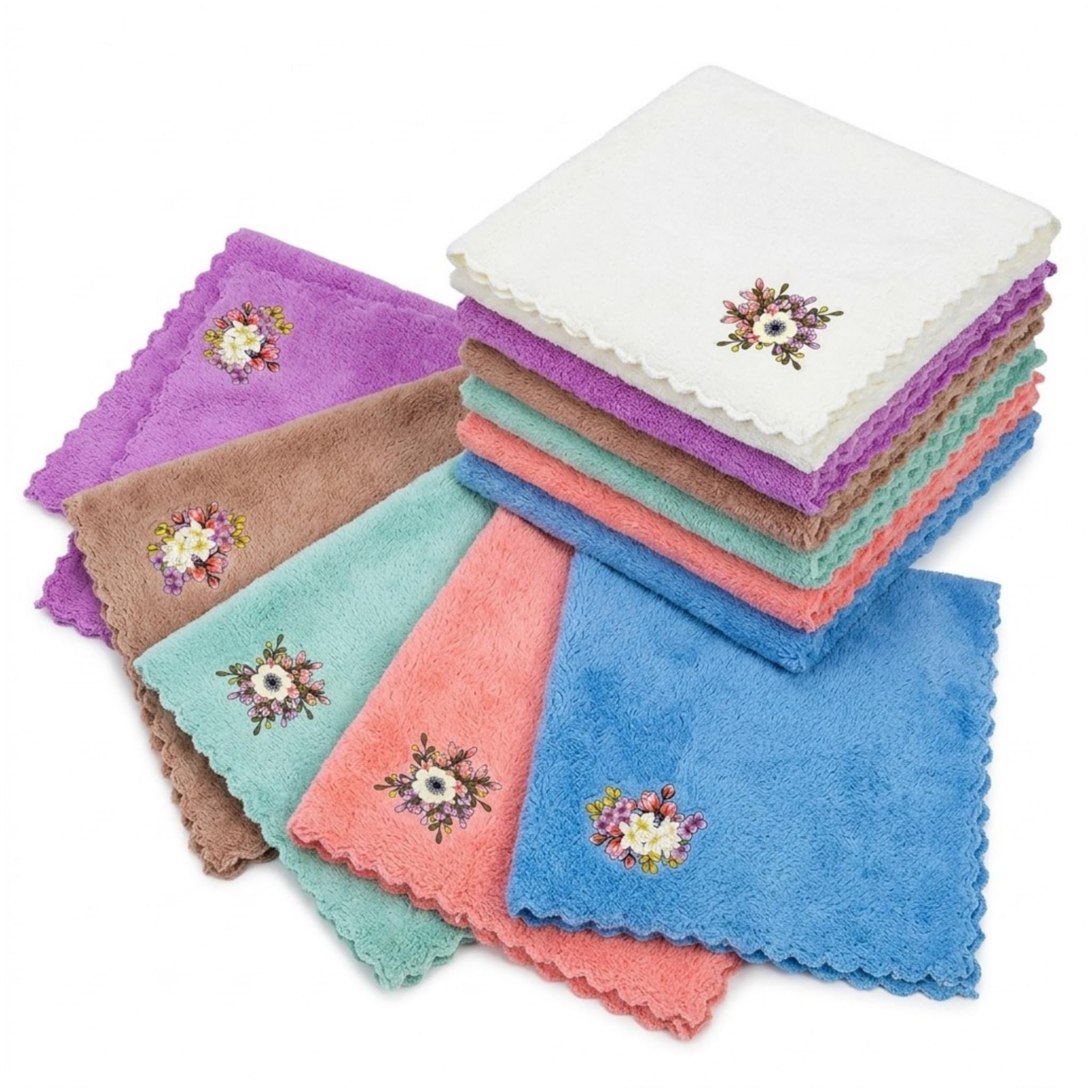 AAVITHOMES Microfiber Ultra-Soft Handkerchief Set of 6, Floral Print, Scalloped Edges, Multicolour, Quick Dry, Highly Absorbent-image-16