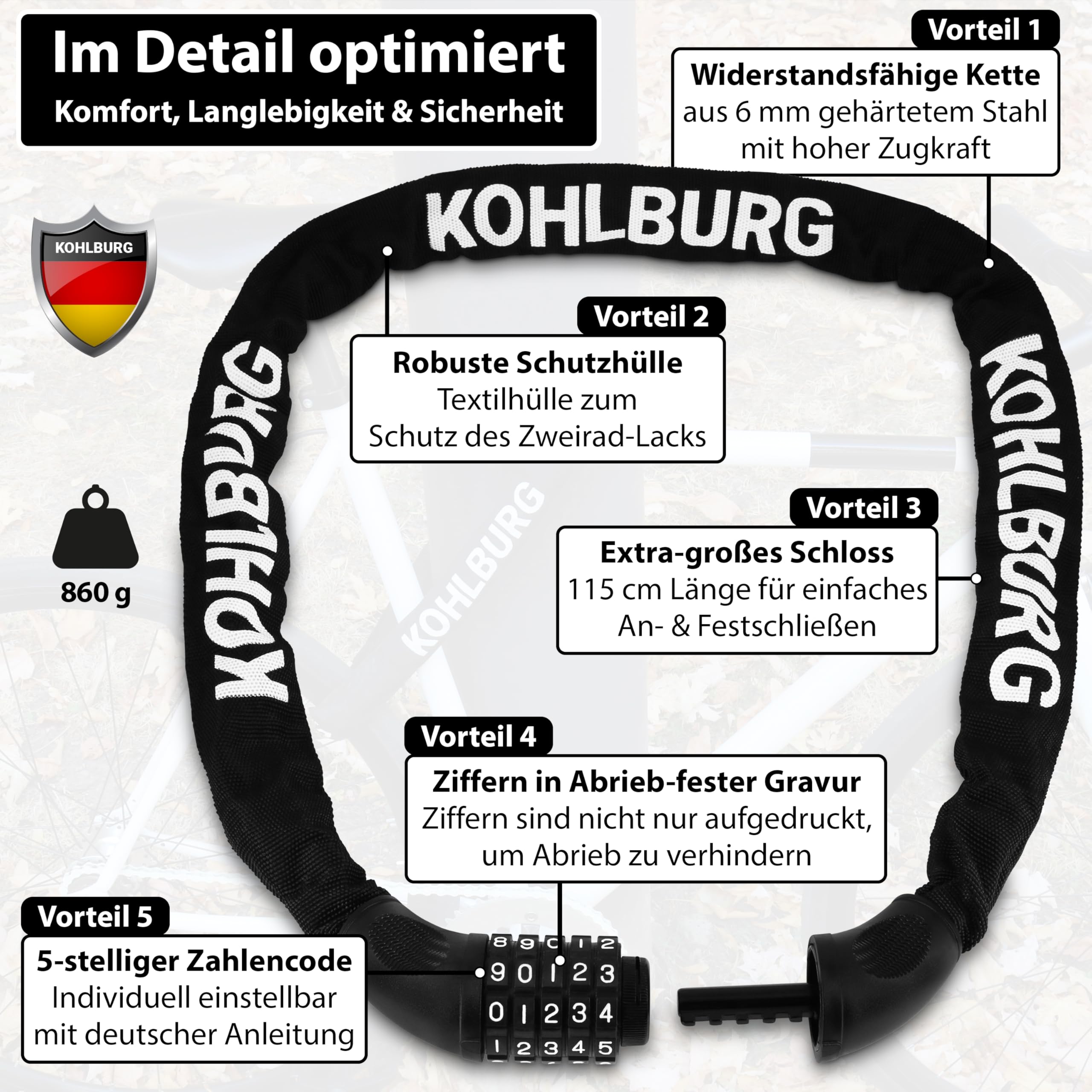 KOHLBURG sehr langes Fahrradschloss Zahlenschloss 115cm & 6mm starker Stahl - Fahrrad Schloss mit Zahlencode - Kettenschloss mit Zahlen Kombination für Fahrrad E-Bike & e Scooter - Code Bike Lock