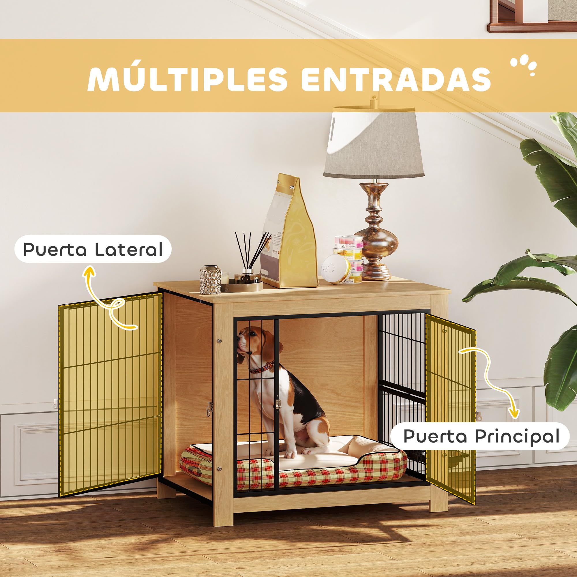 PawHut Jaula para Perros Moderna Mesa Auxiliar Casa para Mascotas con 2 Puertas, Soporte Giratorio con 2 Tazones, Estructura de Acero para Perros Medianos 80x60x68 cm Roble