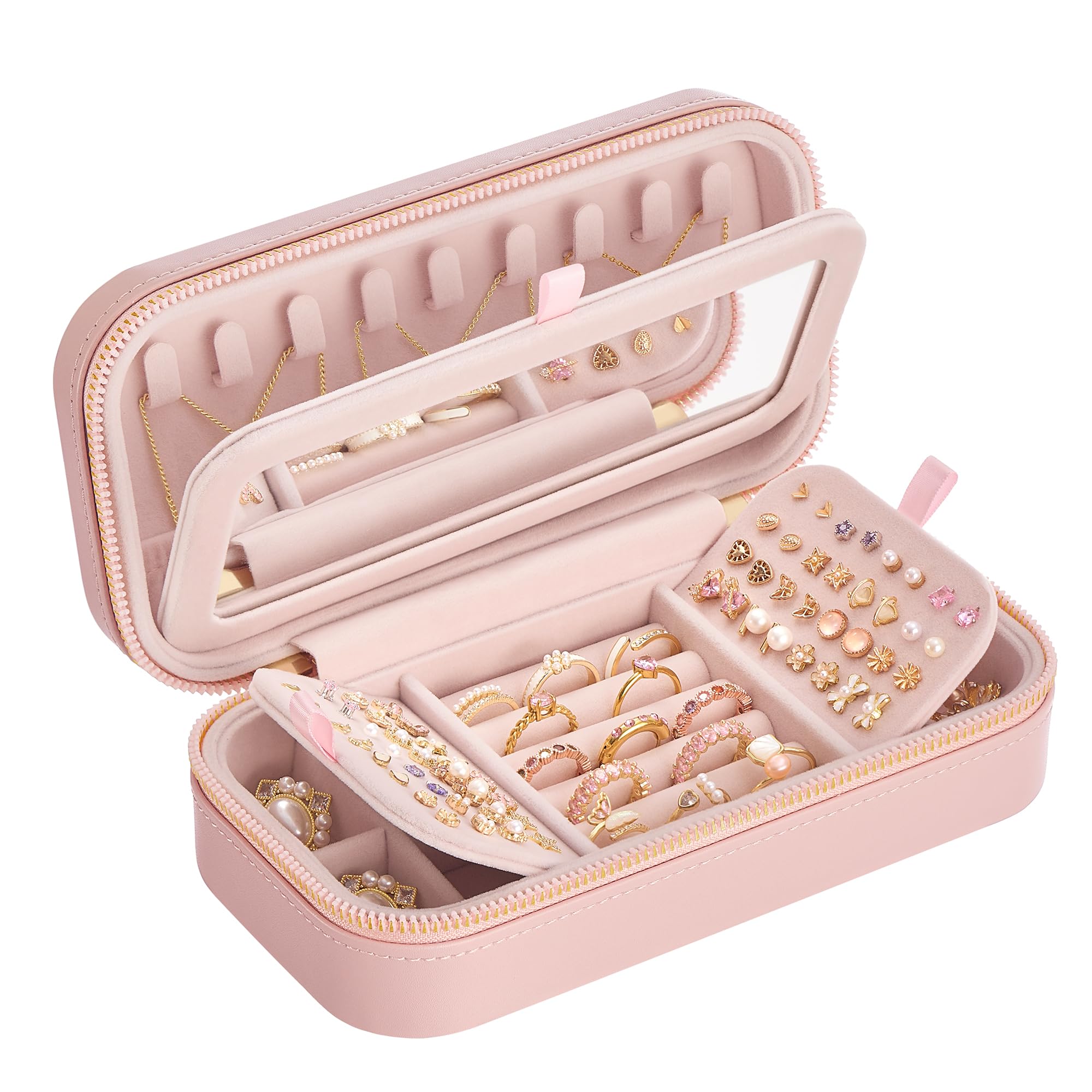 SONGMICS HOME ANAH Collection - Travel Jewellery Case, Small Jewellery Box Organiser with Mirror, 10.5 x 20.5 x 6 cm, PU Surface with Stitching, Portable, Zippers, Gift Idea, Jelly Pink JBC180S01