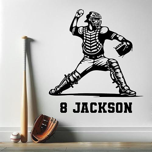 Calcomanía de pared de béisbol personalizada, calcomanías deportivas personalizadas para habitación de niños, calcomanías de béisbol para habitación