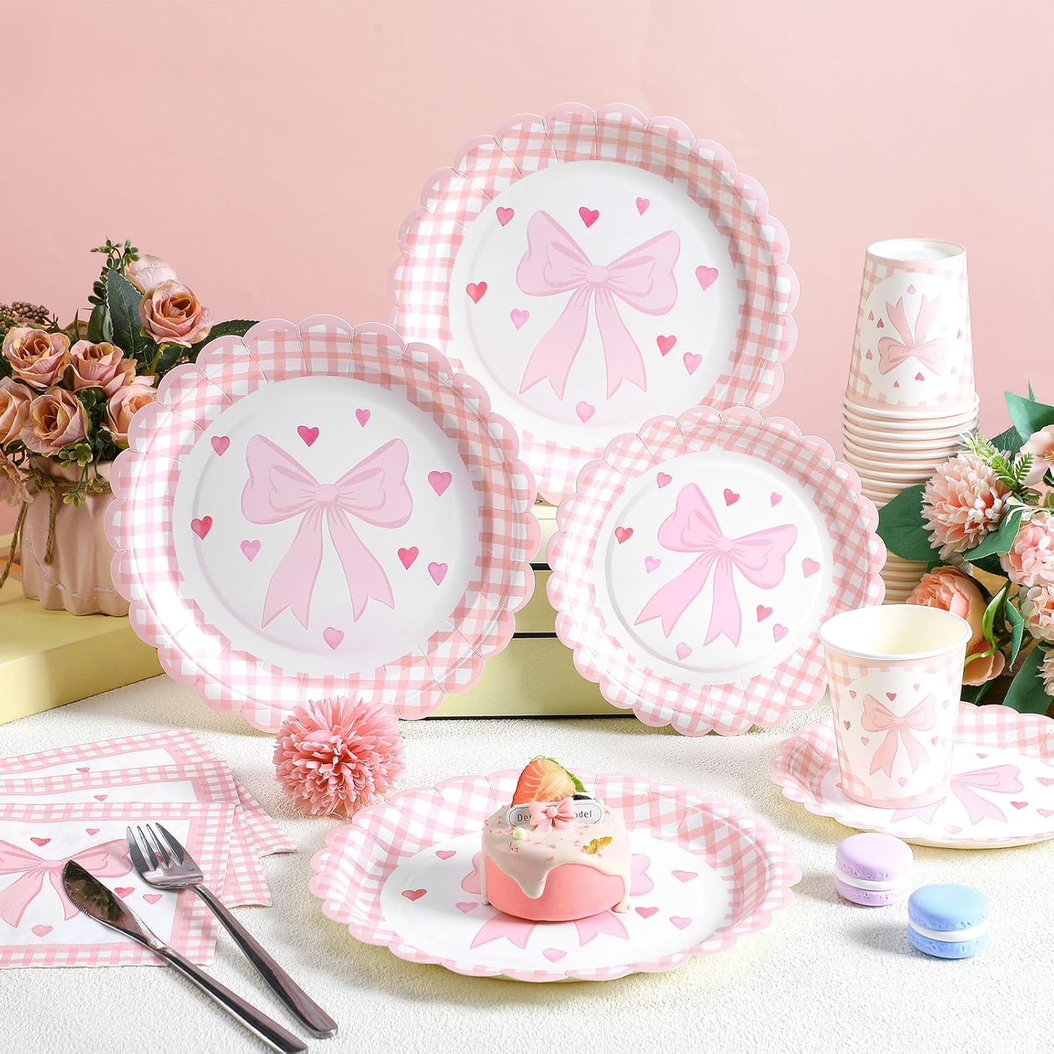 Pickmesh 250 Pcs Bow Birthday Decorations Valentine's Day Pink Plates Napkins and Cups Pink Coquette Birthday Party Decoration Bridal Shower Dinnerware Sets Serve 50 Disposable Tableware for Wedding - Image 2