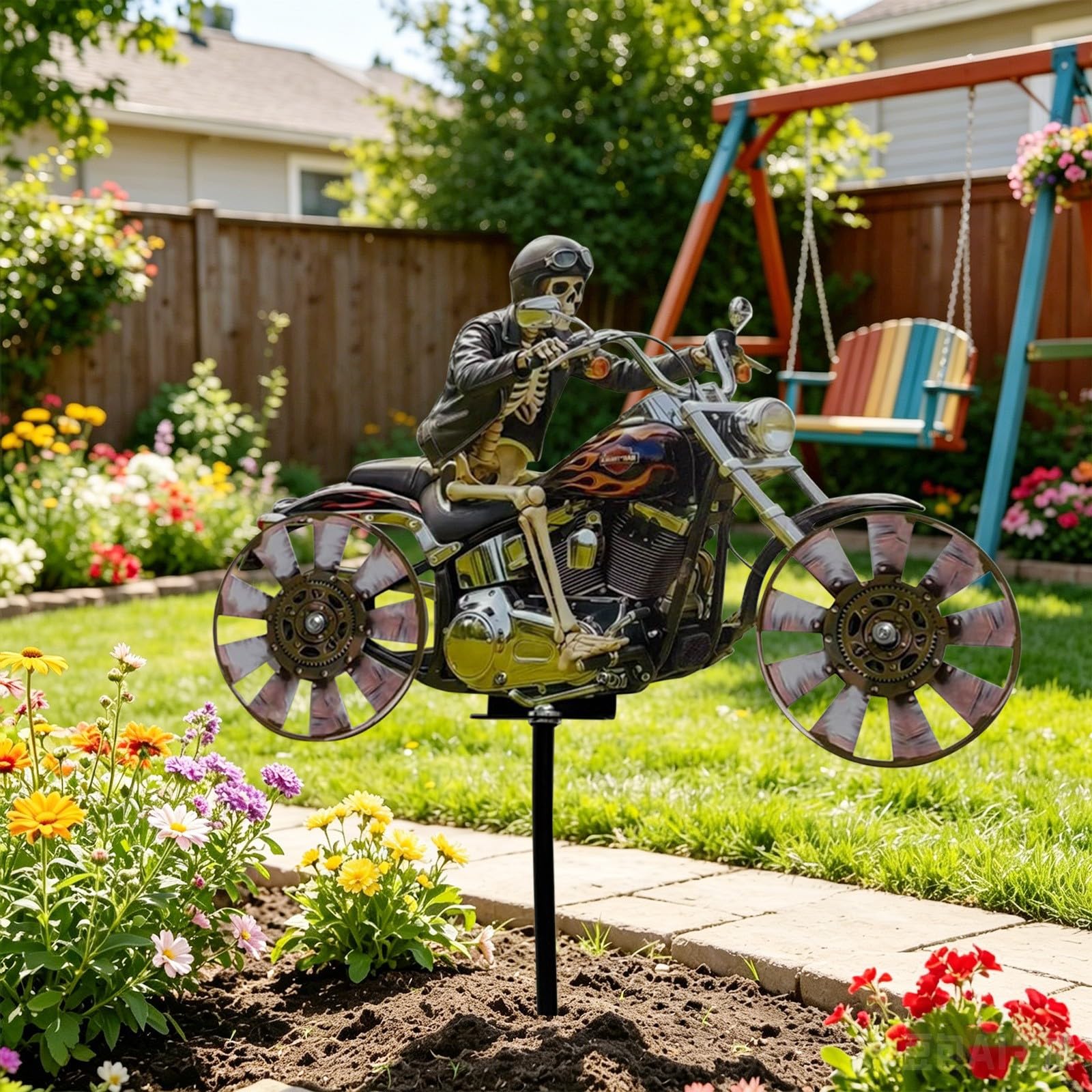 2D Skeleton Motorcycle Wind Spinner, 2026 New Biker Skull Windmill Stake with Rotating Wheels, Metal Outdoor Sculpture Ornament for Patio Yard Garden, Novelty Gift for Friends Motorcycle Lovers