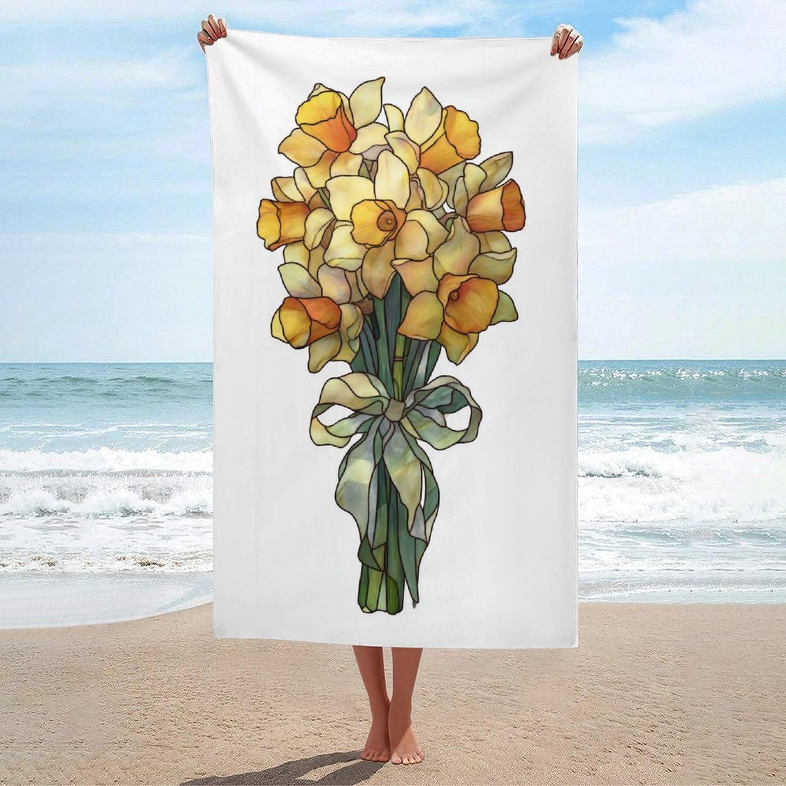 asbwuo Stained Glass Flower Daffodil Bouquet with Ribbon Beach Towel