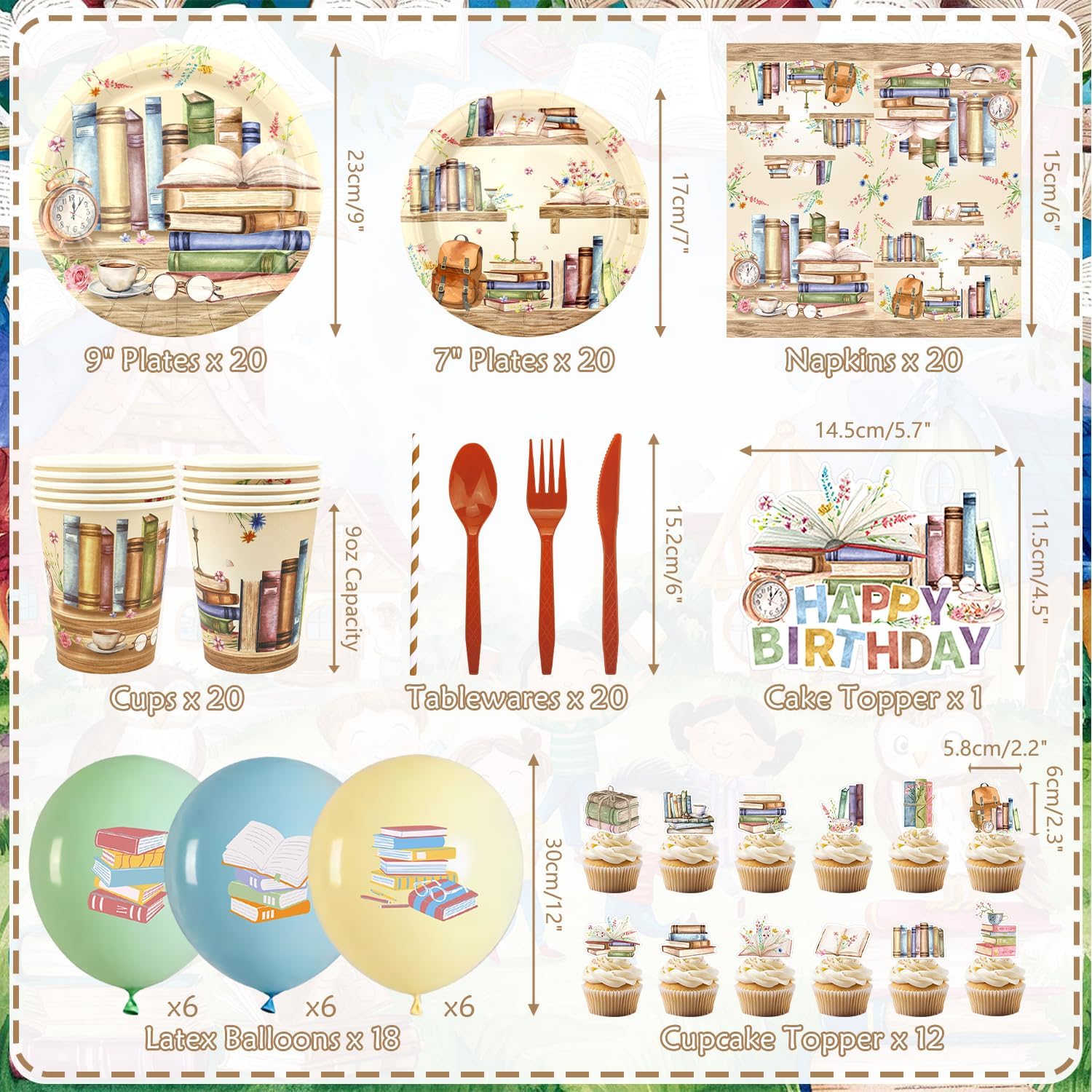 Book Party Decorations, Includes Happy Birthday Banners, Plates, Tablecloth, Cups, Balloon and Straws,for Library Reading Storybook Party Supplies Serves 20 Guests