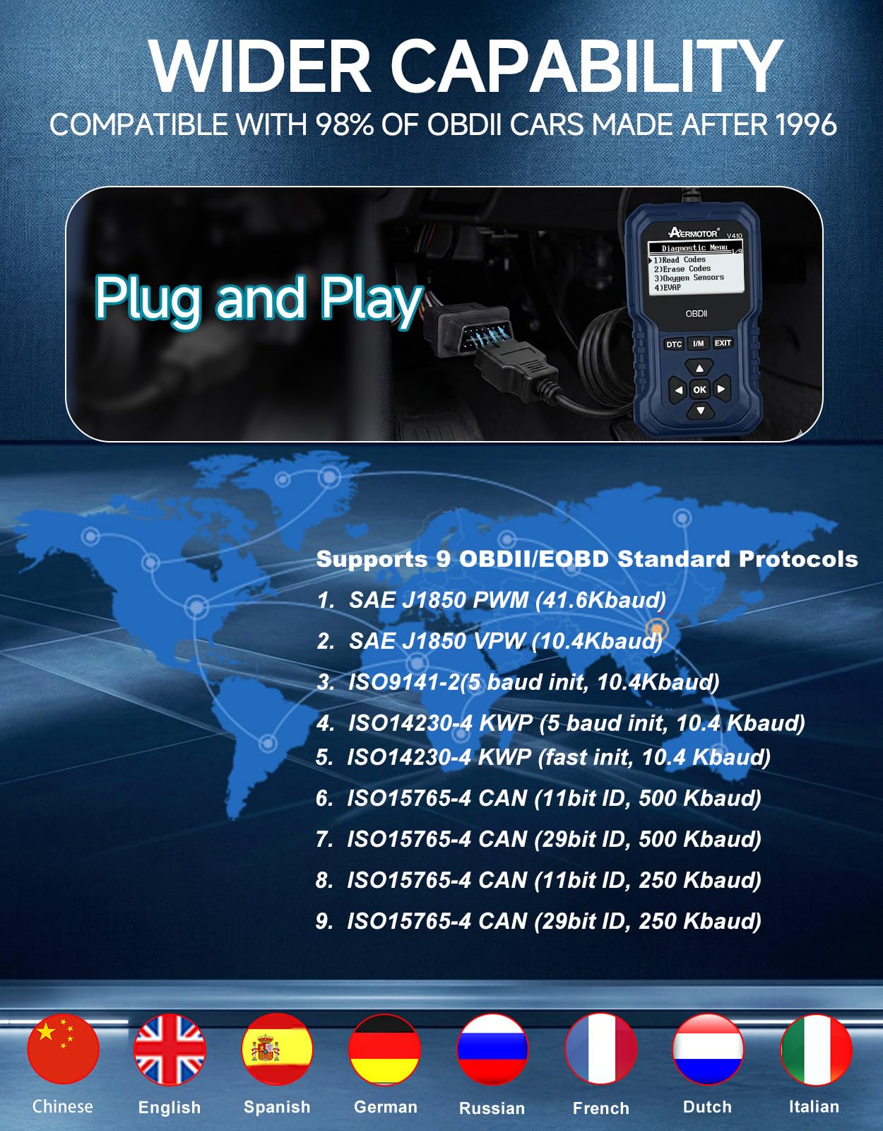V410 OBD2 - Lector de código de escáner para coche, herramienta de diagnóstico con luz de comprobación del motor, datos gráficos en vivo, prueba de humo I/M, prueba de voltaje de la batería