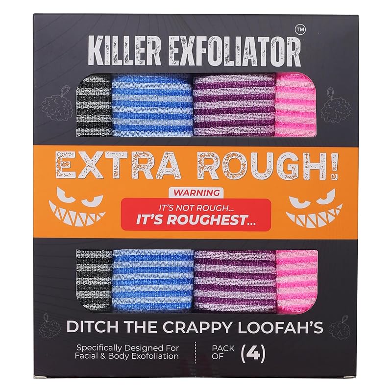 Bucha corporal japonesa extra áspera Killer Exfoliator, extra longa, Pacote com 4 nas cores preto, azul, roxo e rosa