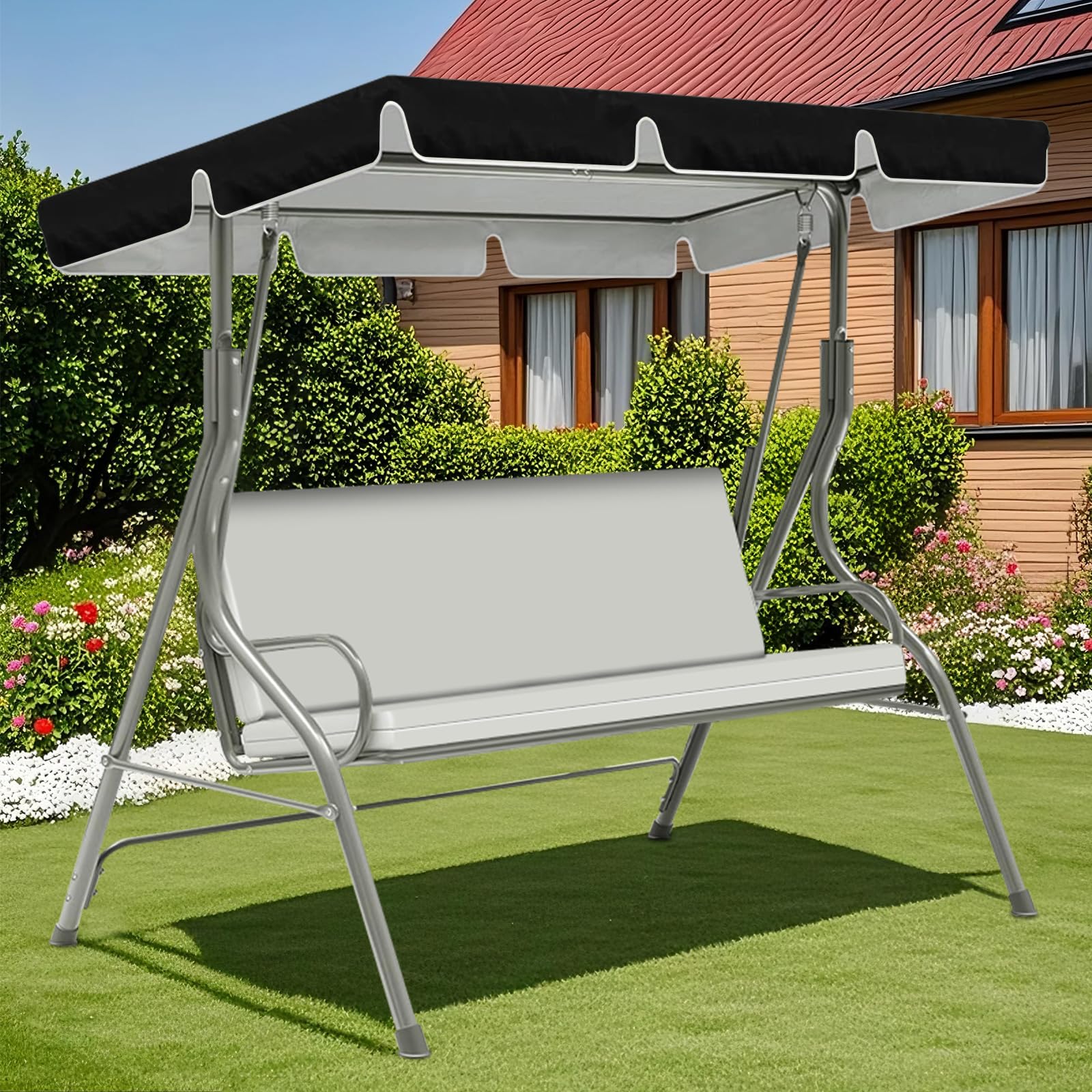 ZYBSLCSY Swing Chair Canopy Replacement and Garden Swing Seat Cover Fit for 2 3 Seater, Waterproof Hammock Canopy Top Cover Windproof Anti-Uv Heavy Duty Rip Proof (Black,B)