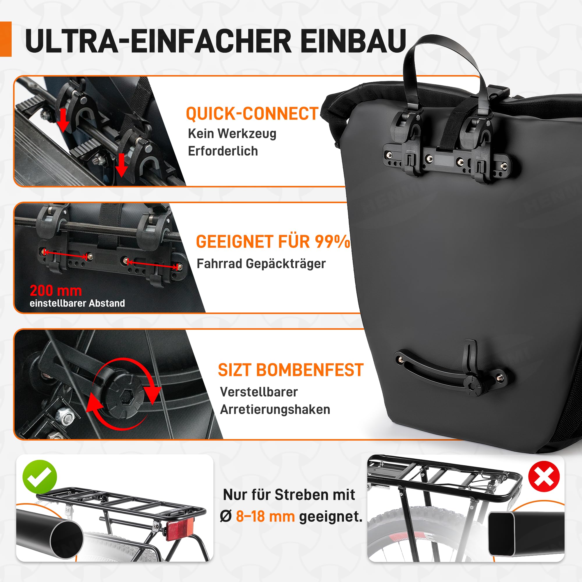 HENMI Fahrradtasche für Gepäckträger, 37L Wasserdicht Fahrrad Gepäckträgertasche mit Reflektoren, 3 IN 1 Fahrrad Taschen Hinten mit Tragegriff Und Schultergurt