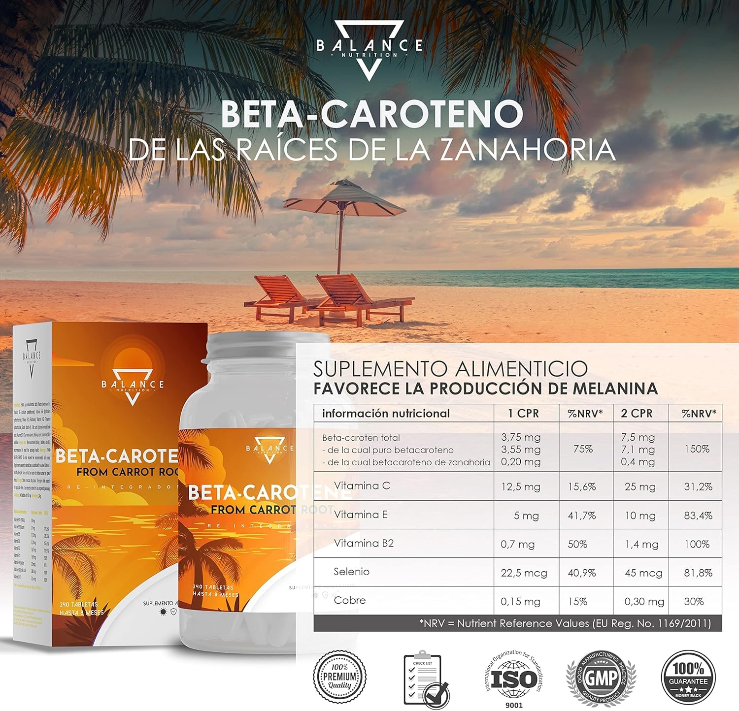 ACELERADOR BRONCEADO - 240 COMPRIMIDOS (Suministro para 8 Meses) | Betacaroteno Capsulas | Betacaroteno para un Bronceado Fuerte, de Extracto de Zanahoria | 100% natural
